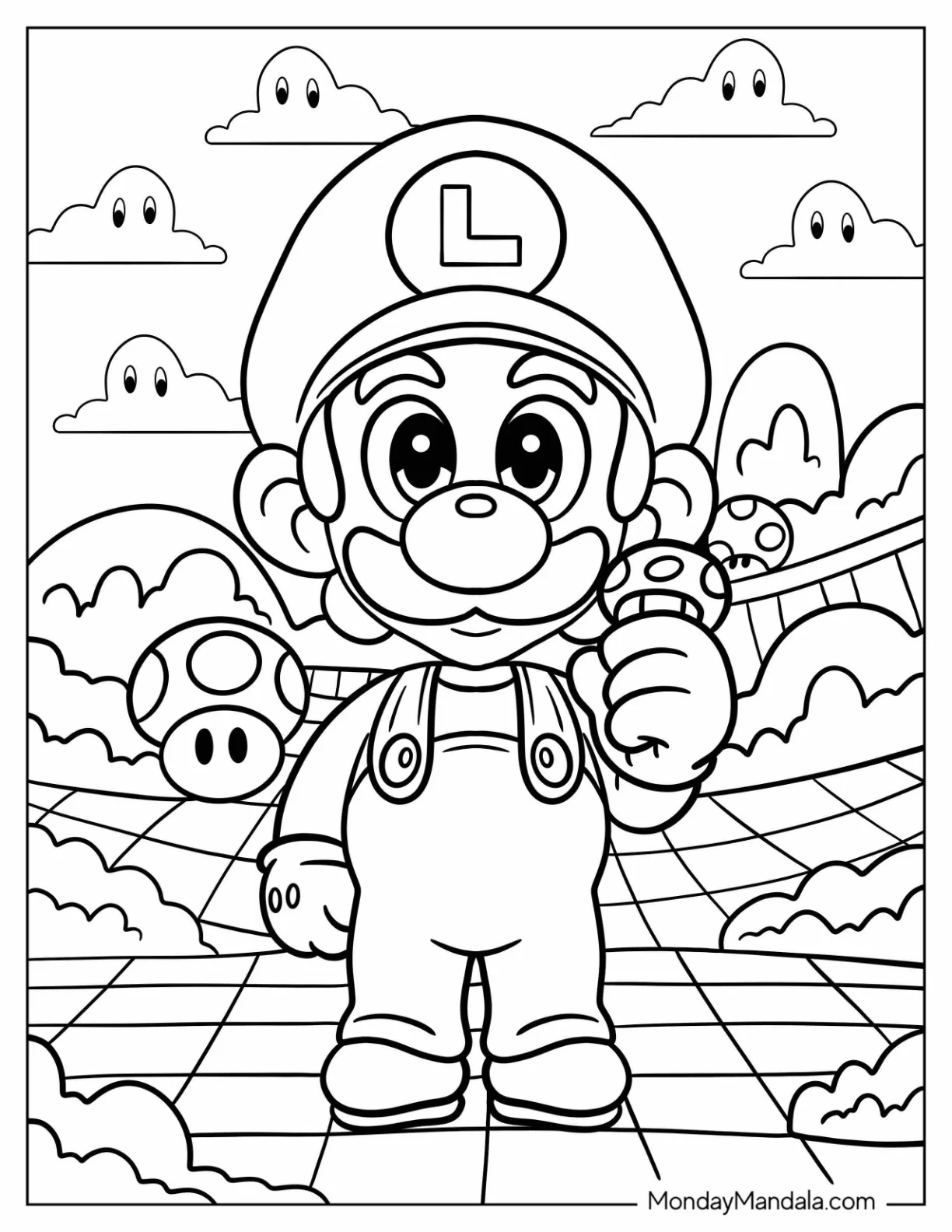 Cute Chibi Luigi In Mushroom Land Coloring Page For Kids coloring page — printable line art