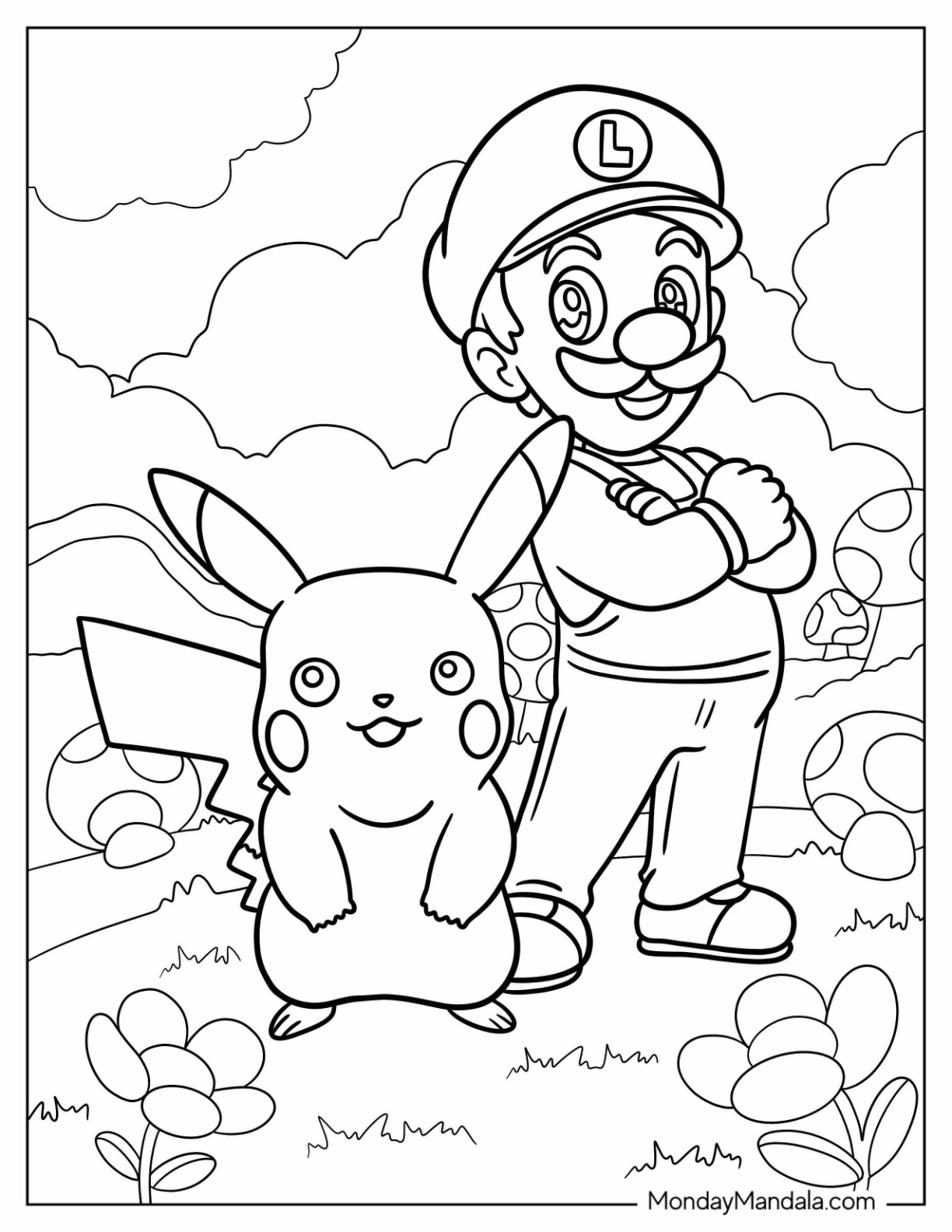 Cute Luigi Coloring Page With Pikachu In Mushroom Land For Kids coloring page
