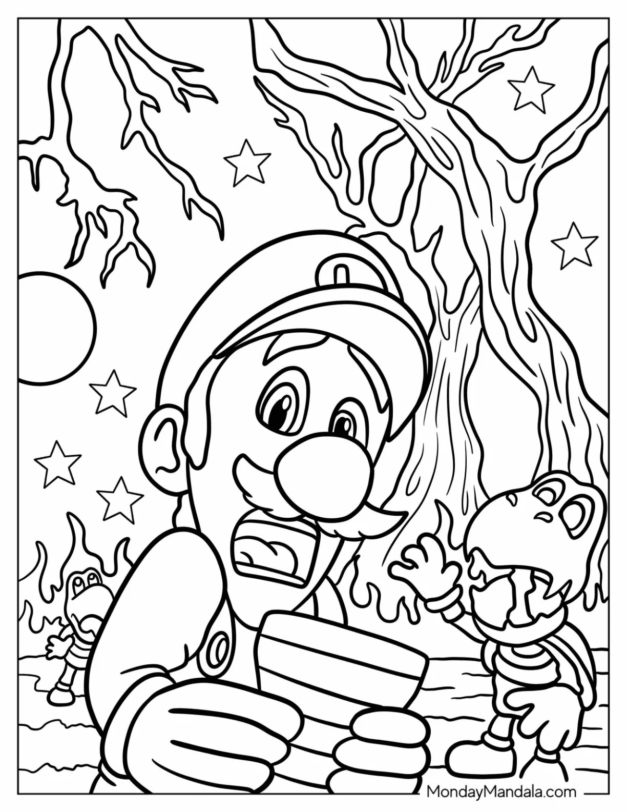 Dry Bones Yoshi Chasing Luigi Coloring Page coloring page — printable line art