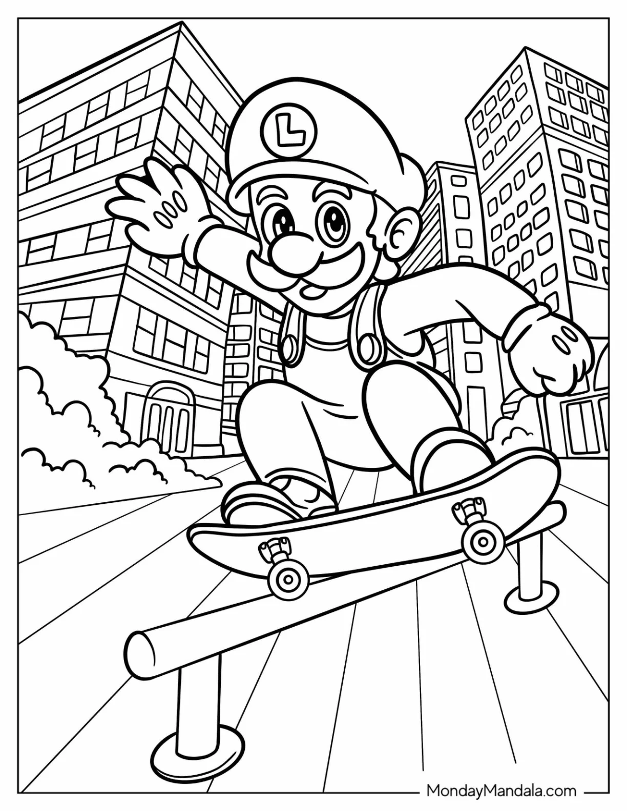 Kawaii Luigi Coloring Page Skateboarding coloring page — printable line art