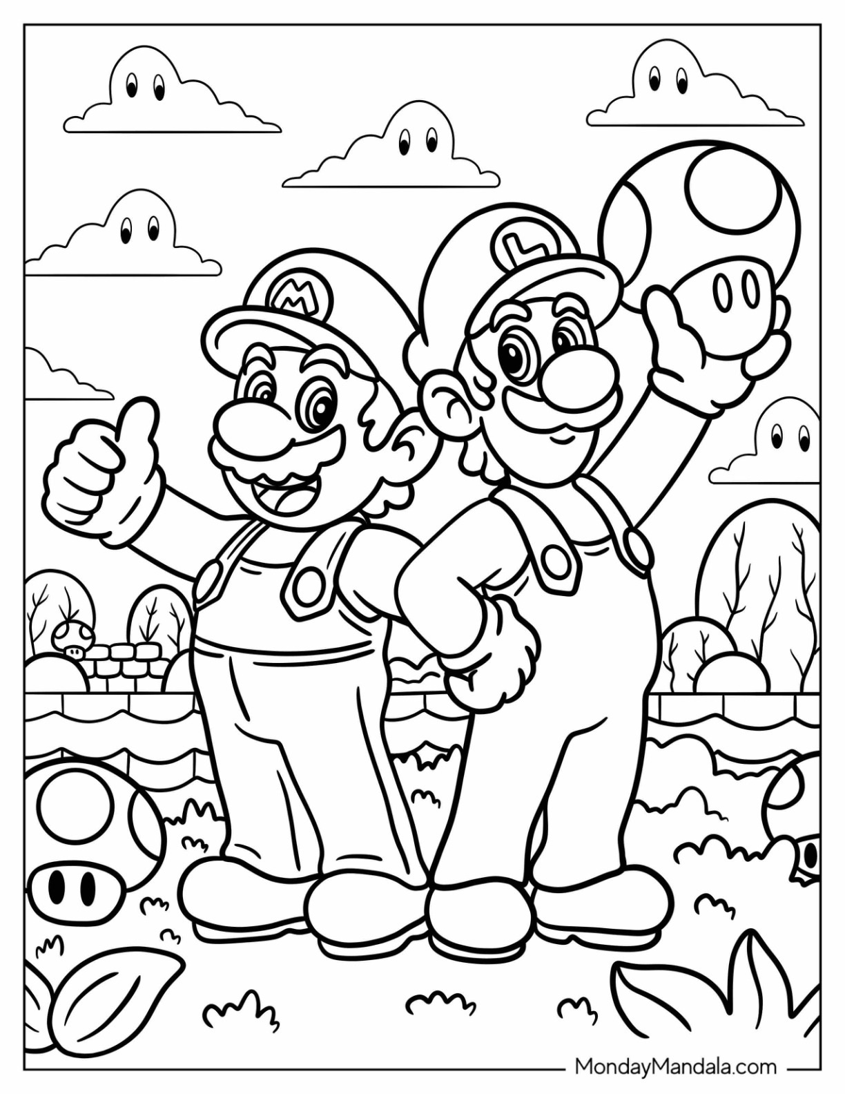 Luigi Coloring Page And Mario Posing With Super Mushrooms coloring page