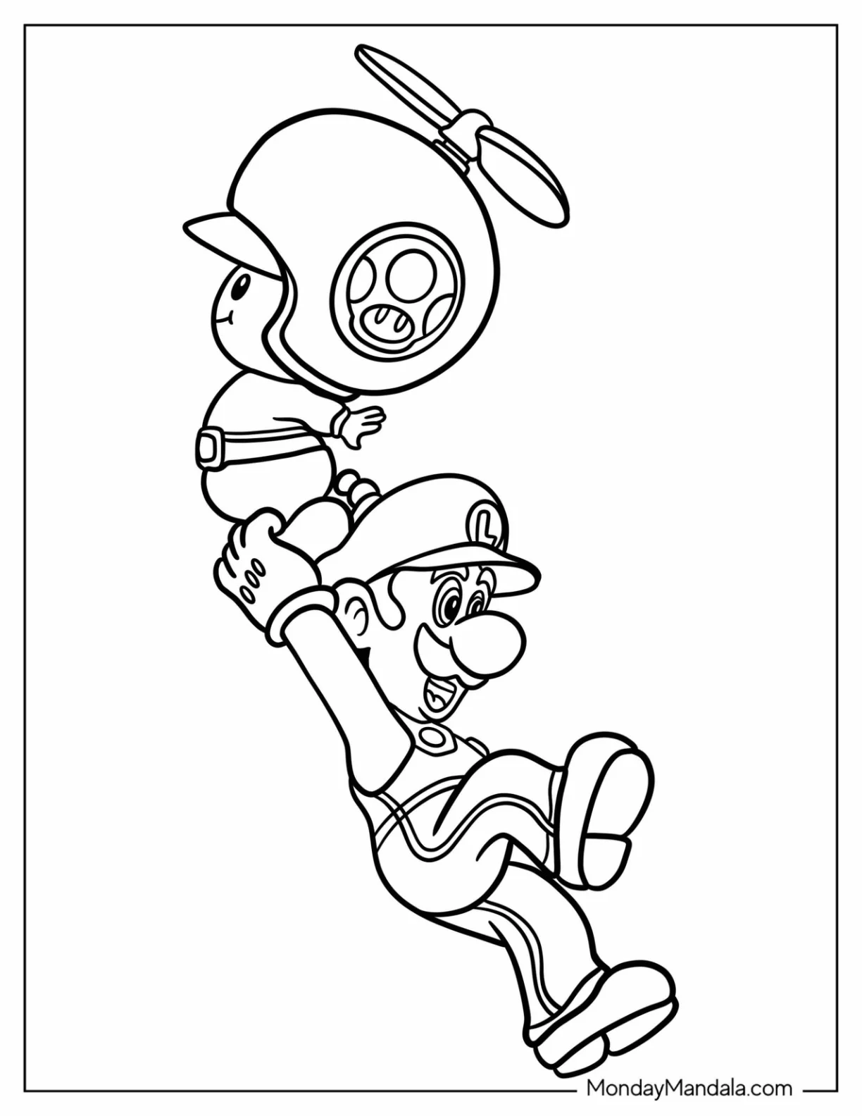 Luigi Coloring Page Clinging To Flying Mushroom coloring page — printable line art