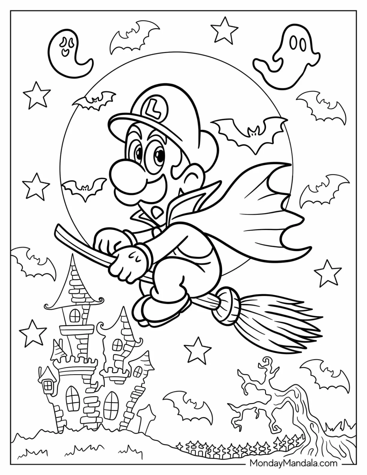 Luigi Coloring Page Flying On A Broom On Halloween coloring page — printable line art