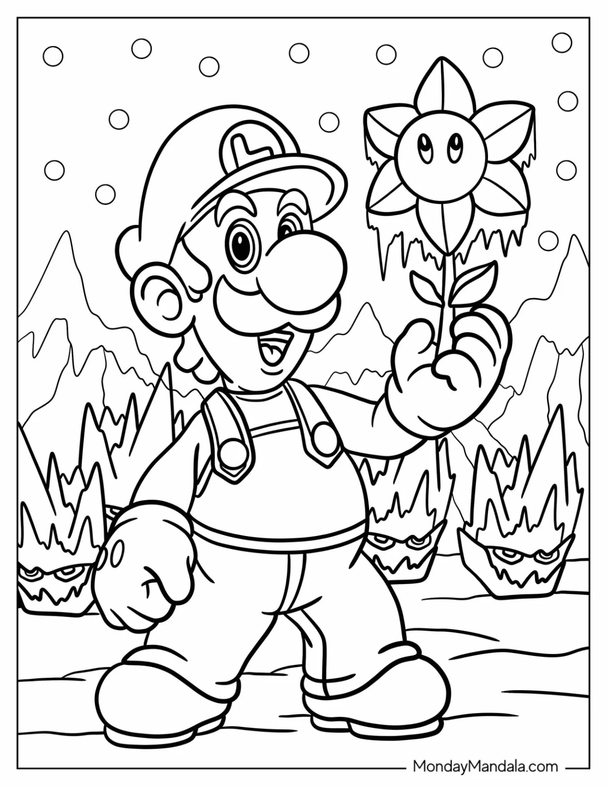Luigi Coloring Page Holding Up A Frozen Flower coloring page — printable line art