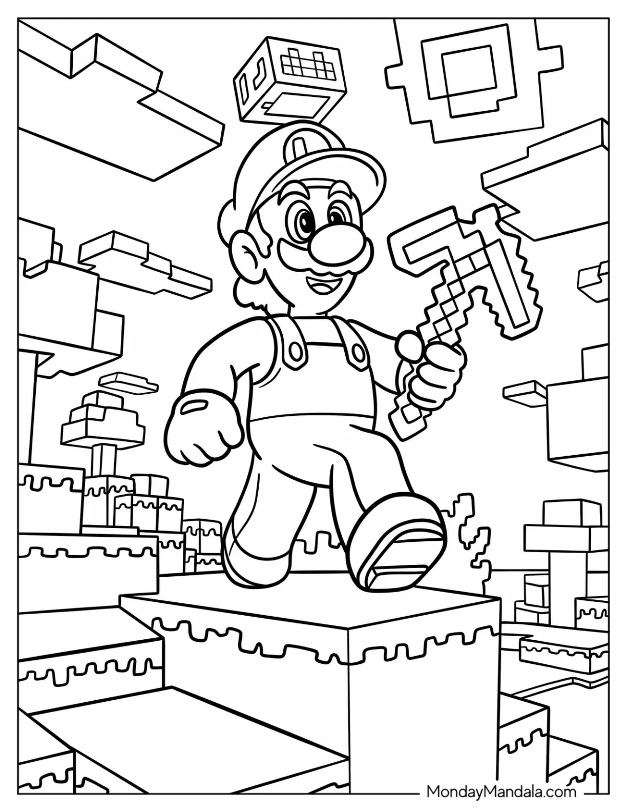 Luigi Coloring Page In Minecraft Holding A Pickaxe For Kids coloring page