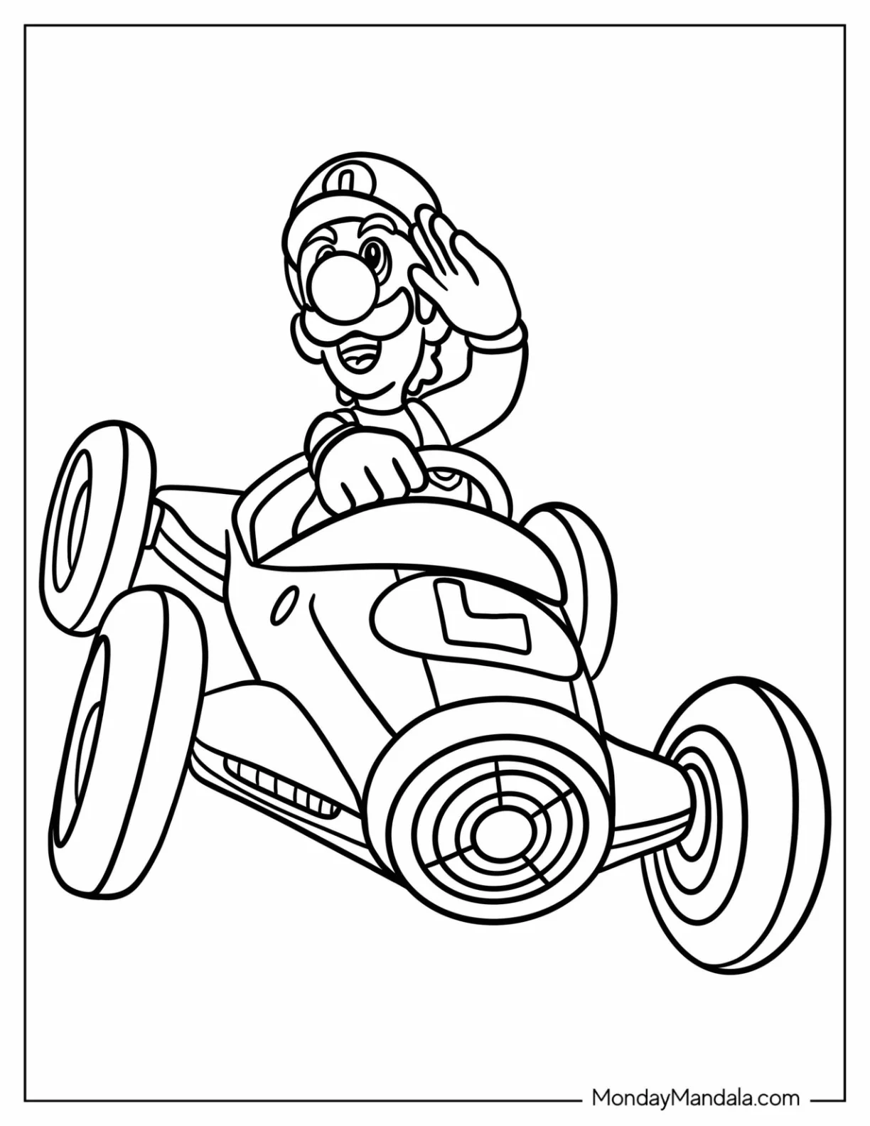 Luigi Coloring Page Saluting In A Kart For Kids coloring page