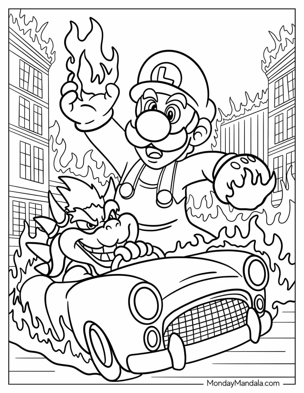 Luigi Coloring Page Throwing Flames While Bowser Drives coloring page