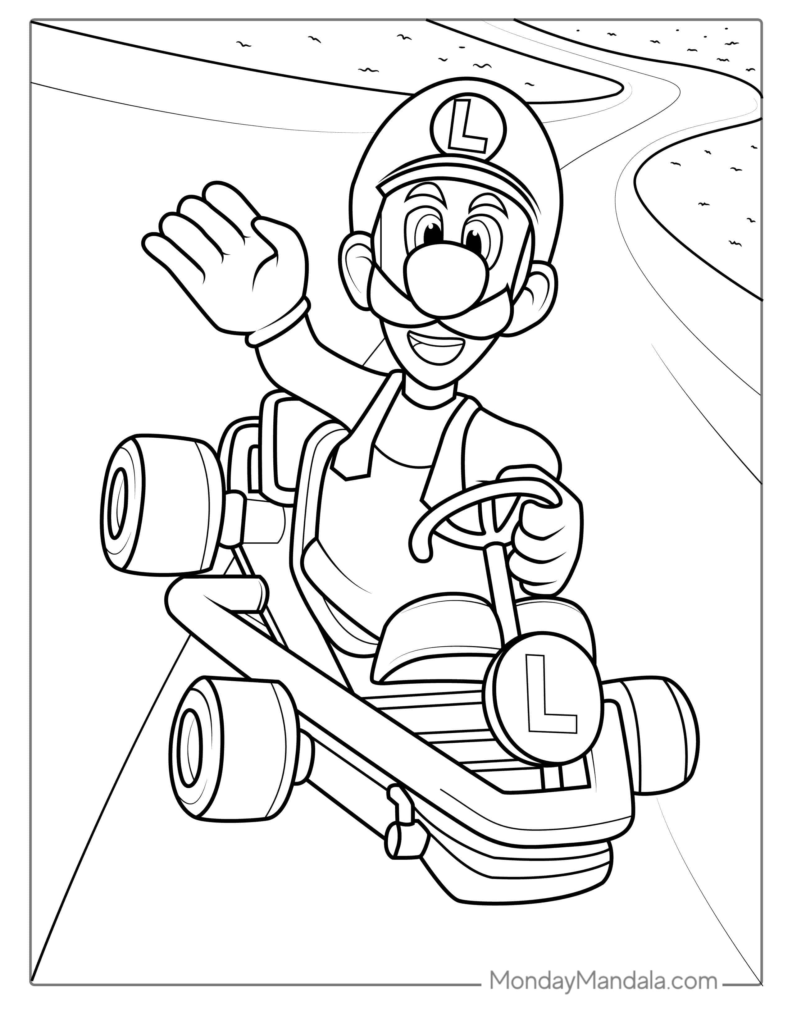 Luigi In Super Mario Kart To Color coloring page — printable line art