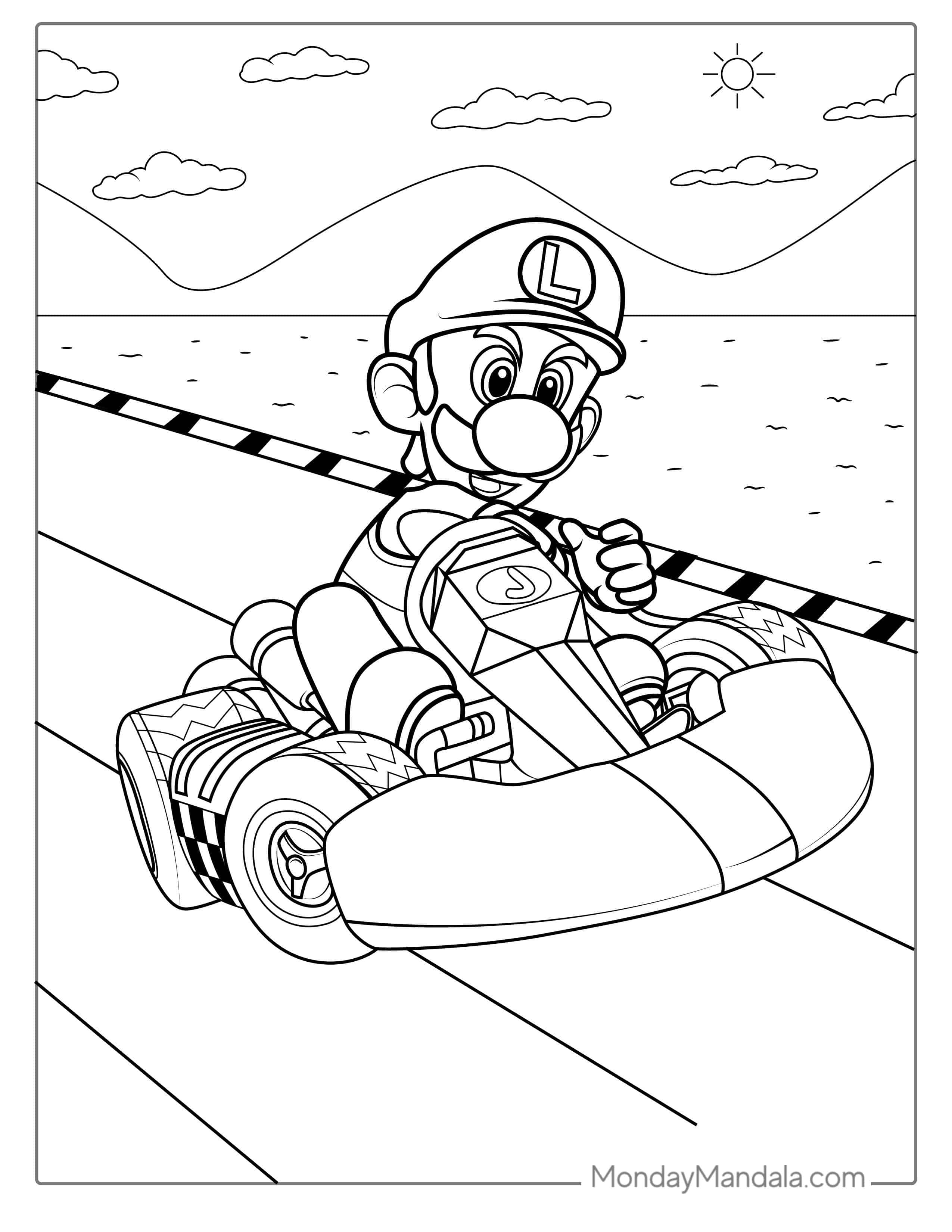 Luigi Racing In Mario Kart To Color coloring page — printable line art