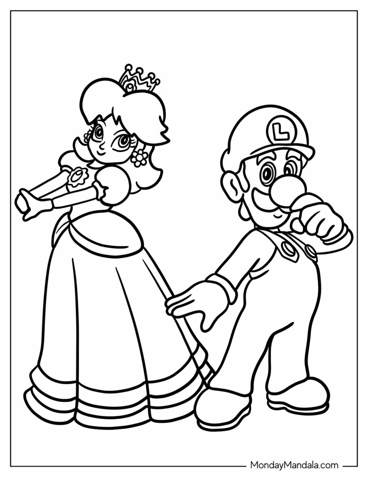 Princess Daisy Stretching Arms Beside Luigi Coloring Page For Kids coloring page — printable line art