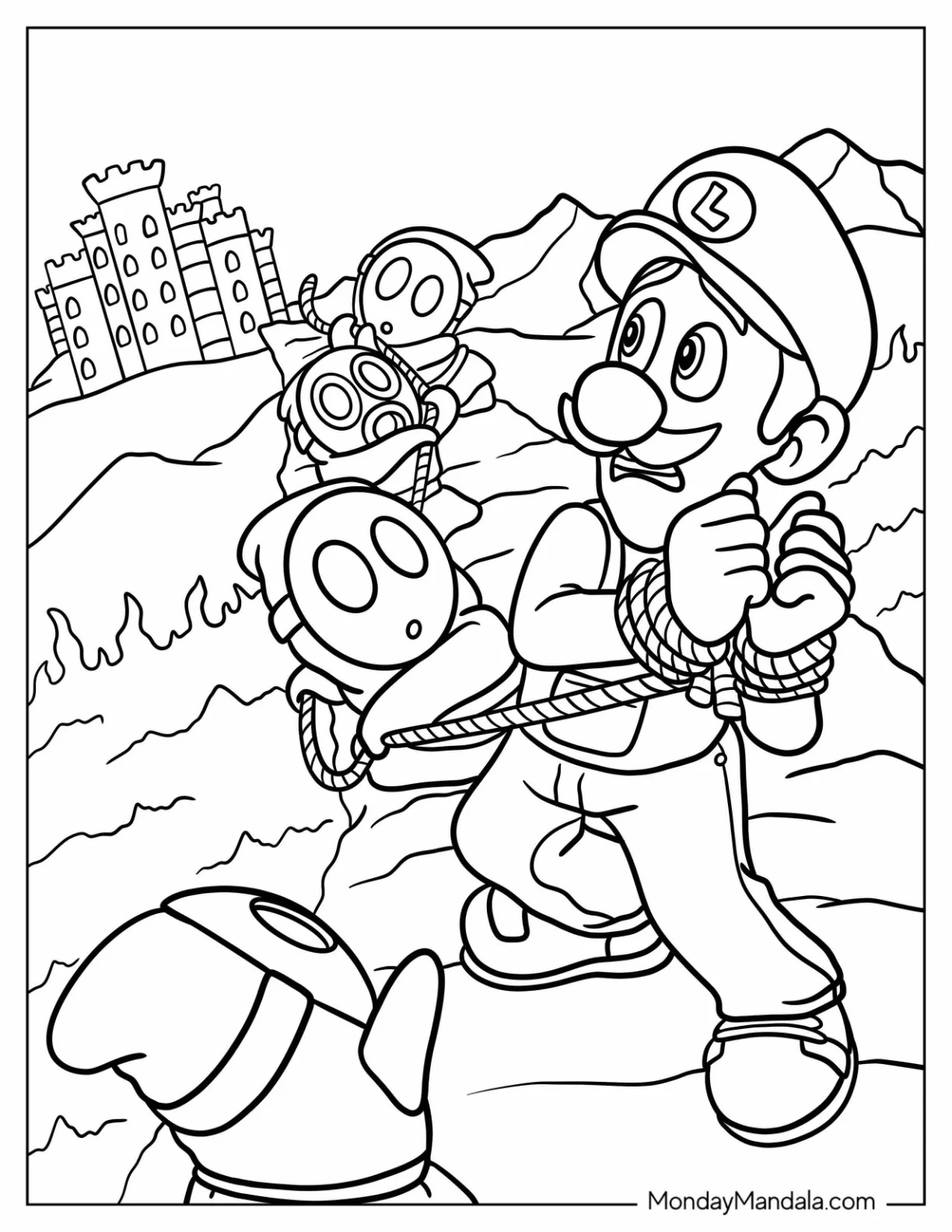 Shy Guys Capturing Luigi Coloring Page coloring page
