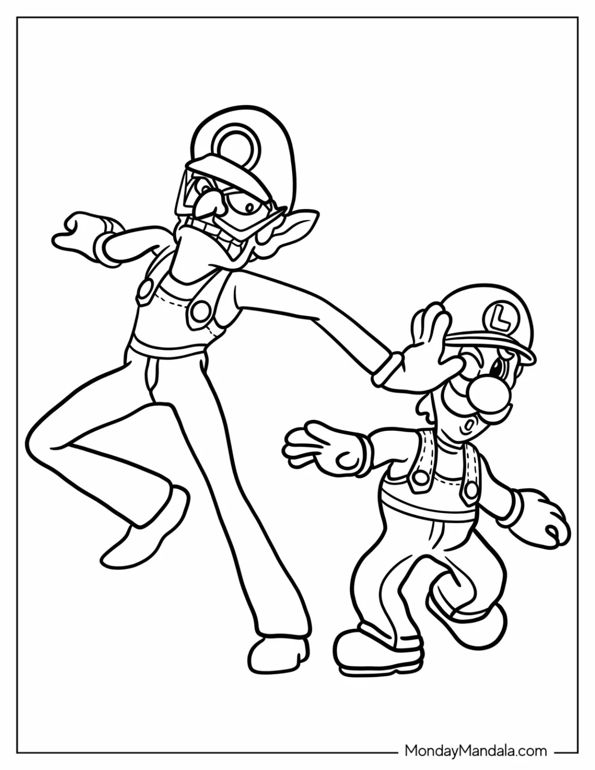 Waluigi Grabbing Luigi Coloring Page For Kids coloring page — printable line art
