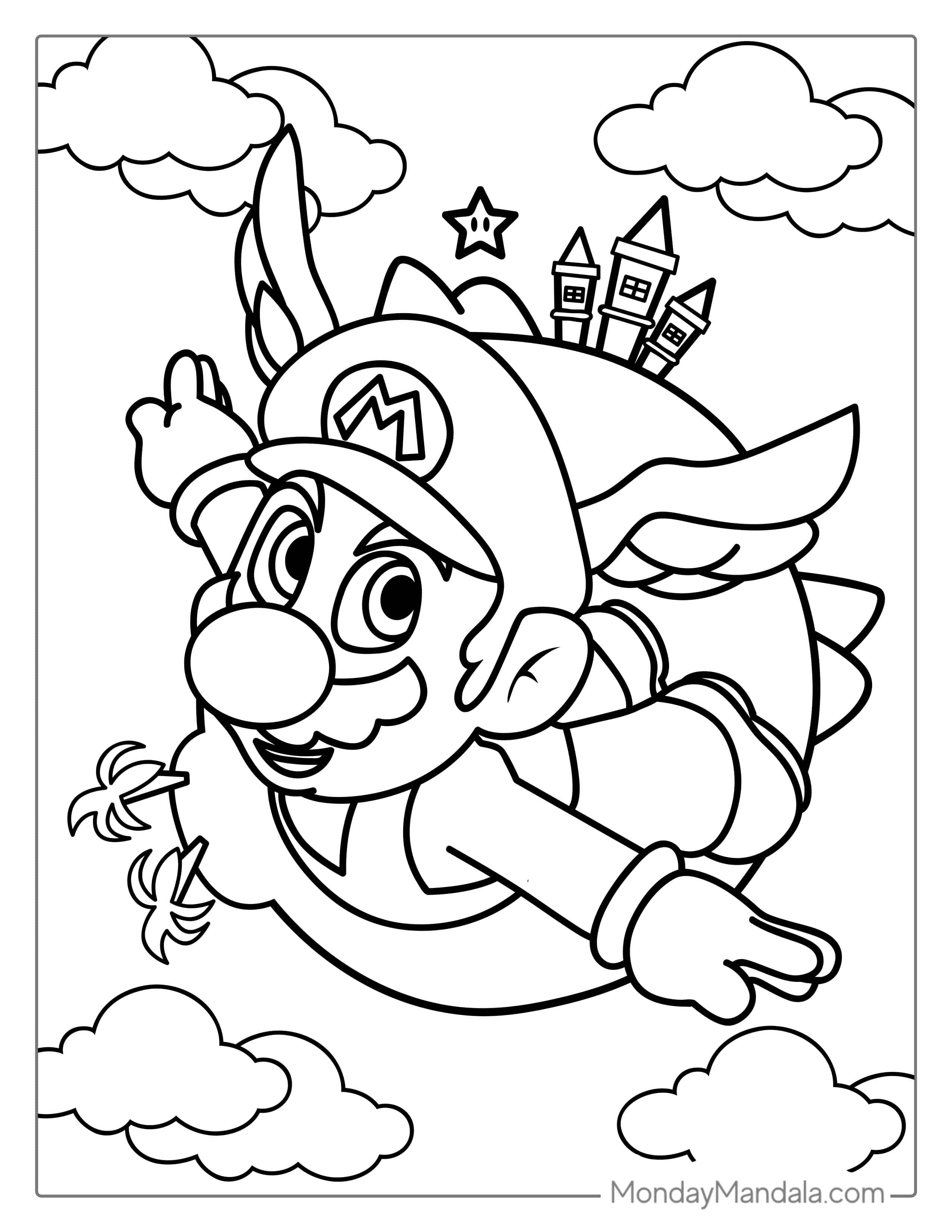 Flying Mario With Wings coloring page — printable line art
