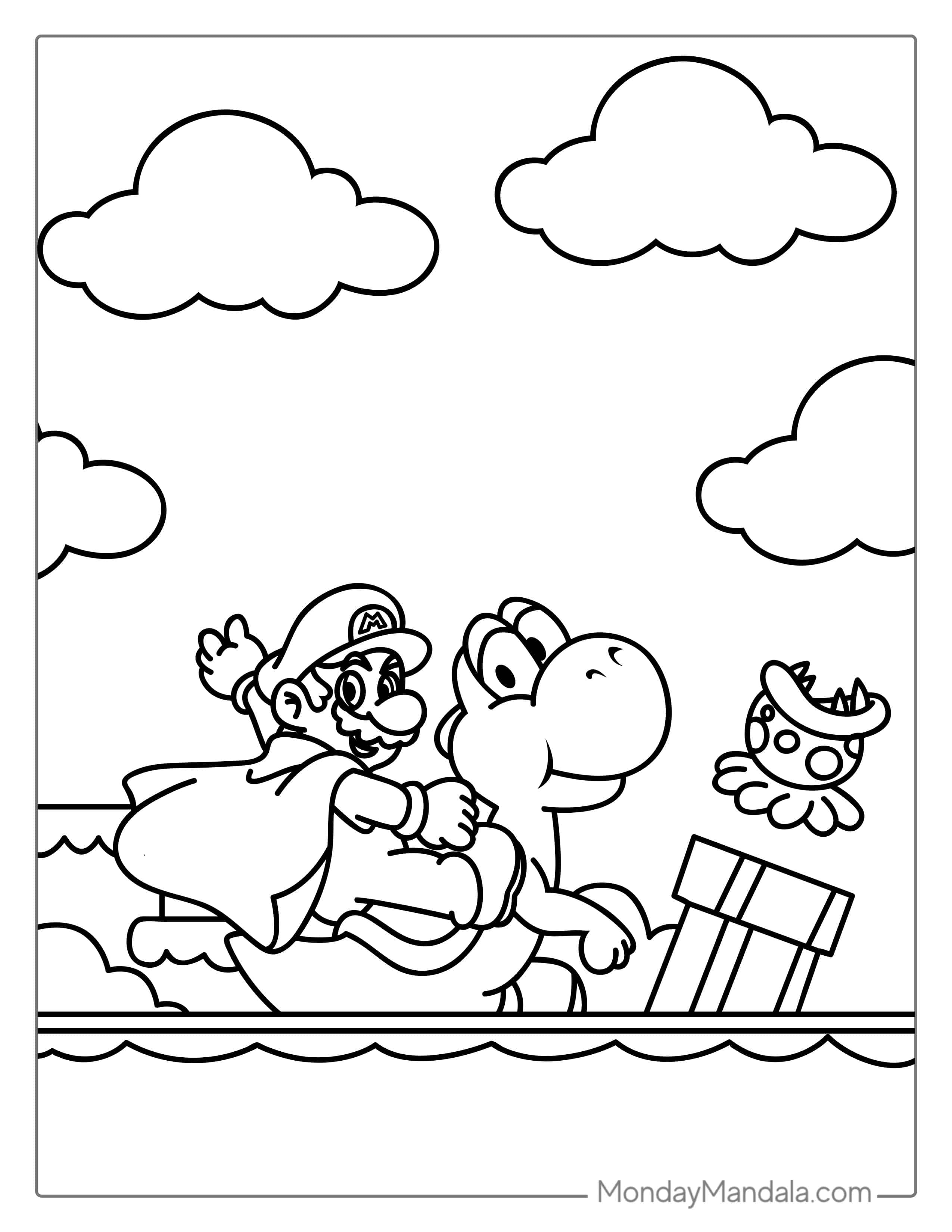 Mario Riding Yoshi Coloring For Kids coloring page — printable line art