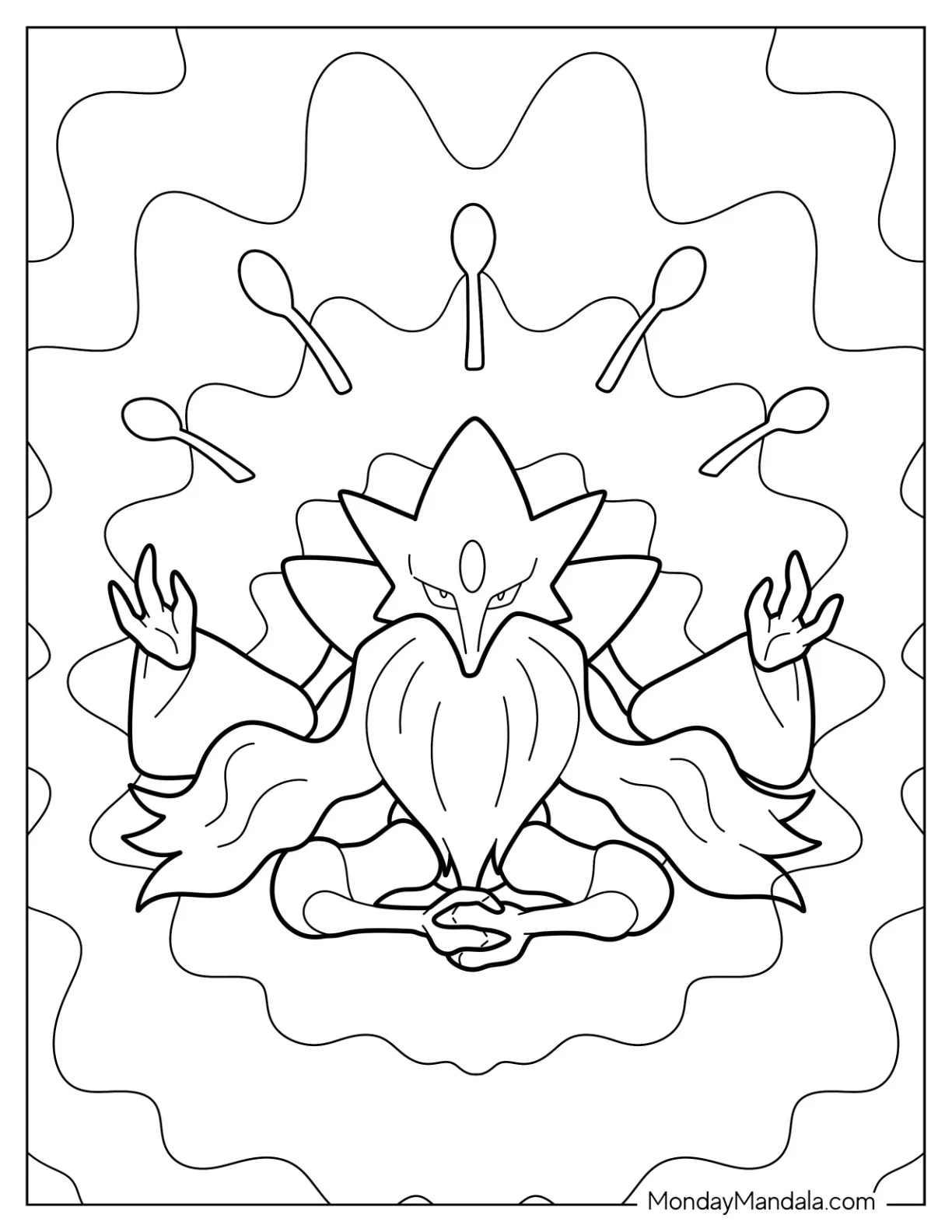 Mega Pokemon Coloring Page Of Mega Alakazam With Levitating Spoons coloring page