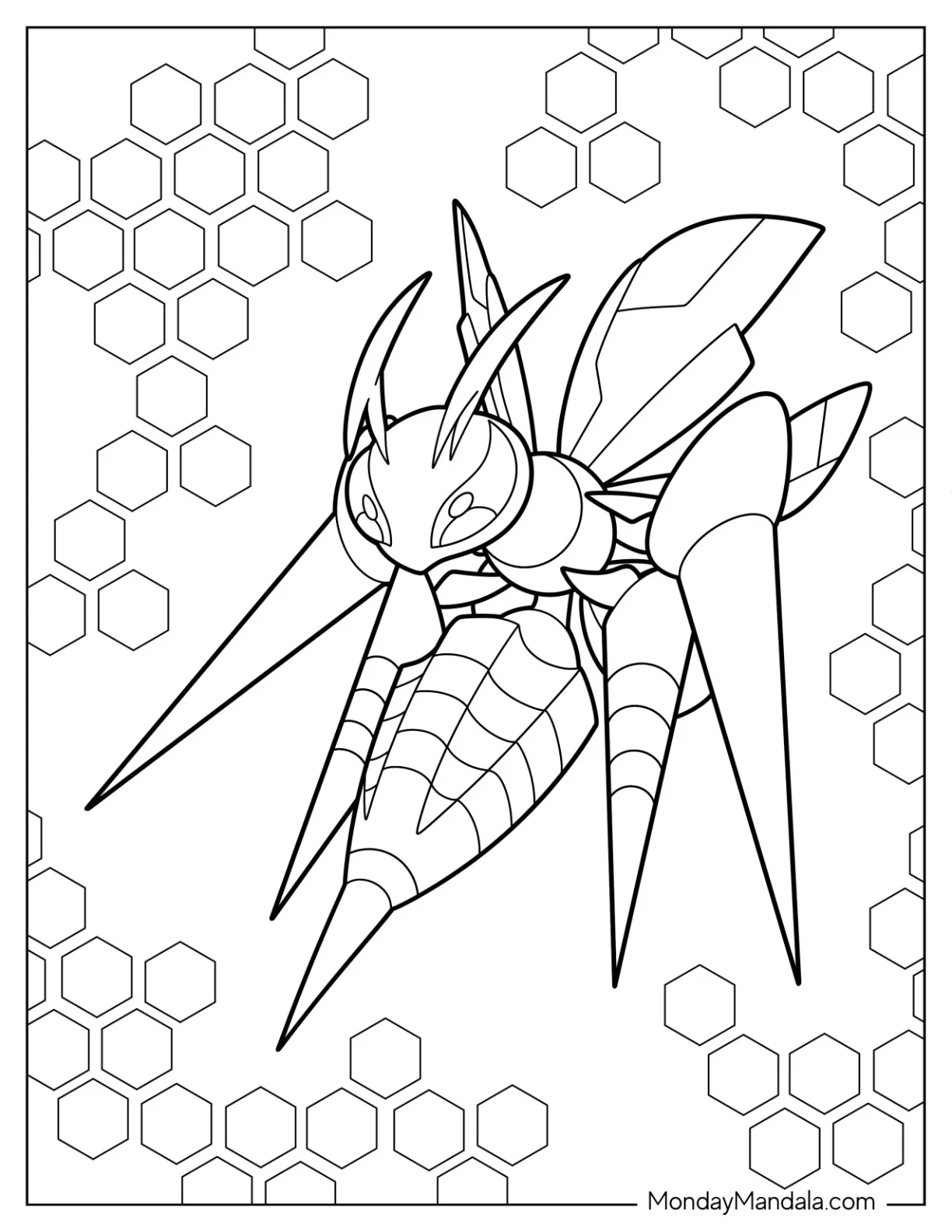 Mega Pokemon Coloring Page Of Mega Beedrill With Honeycomb Background coloring page