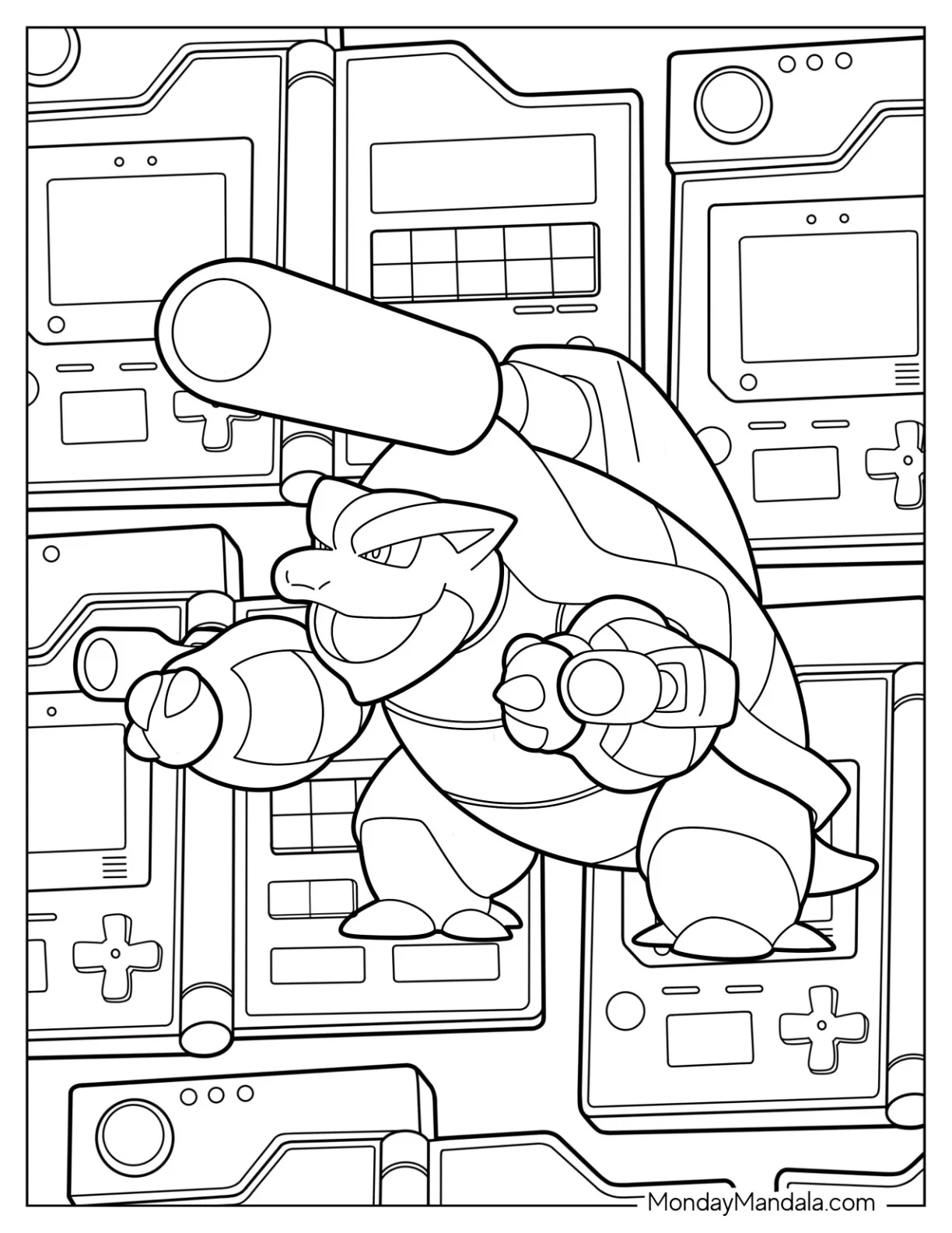 Mega Pokemon Coloring Page Of Mega Blastoise With Game Boy Consoles In The Background coloring page