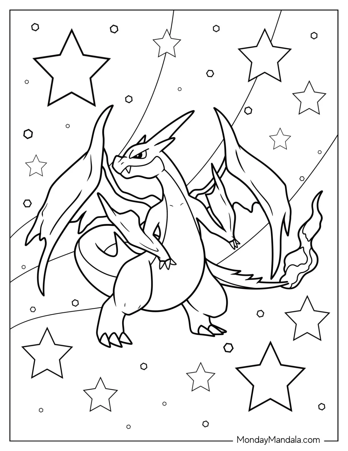 Mega Pokemon Coloring Page Of Mega Charizard Y Surrounded By Stars coloring page