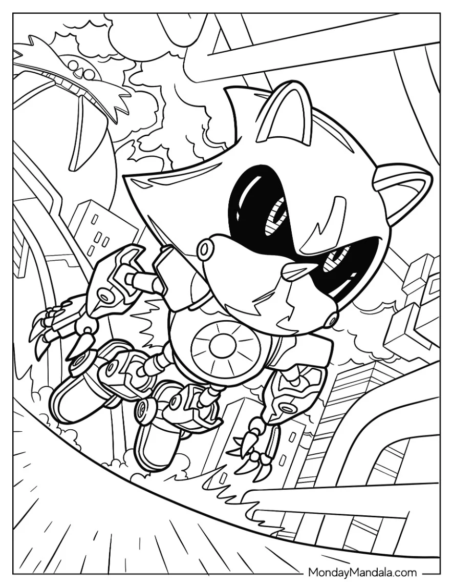 Detailed Metal Sonic Coloring Page Flying In Battle coloring page — printable line art