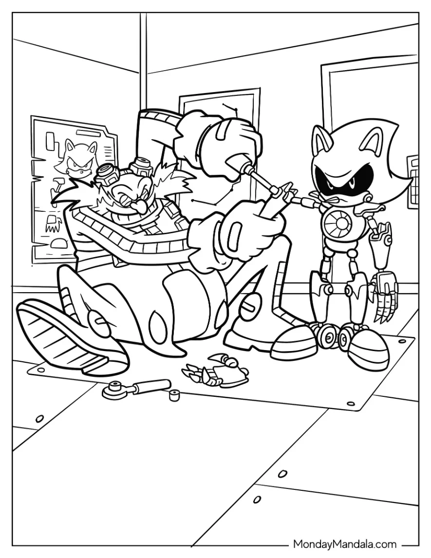 Doctor Eggman Building Metal Sonic Coloring Page coloring page