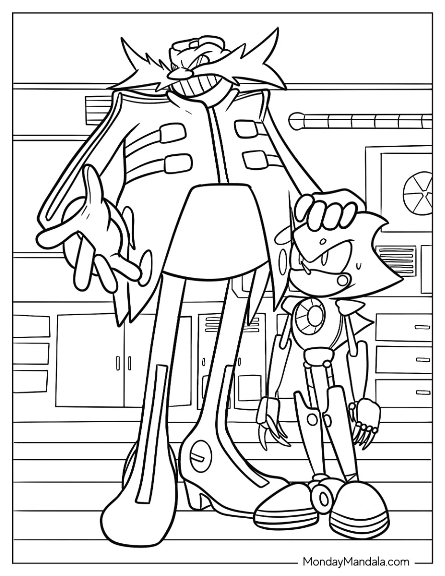 Doctor Eggman Petting Metal Sonic Coloring Page In Laboratory coloring page