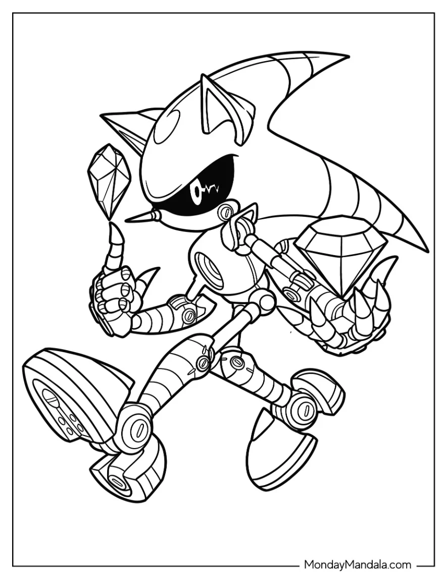 Metal Sonic Coloring Page Holding Chaos Emeralds coloring page — printable line art