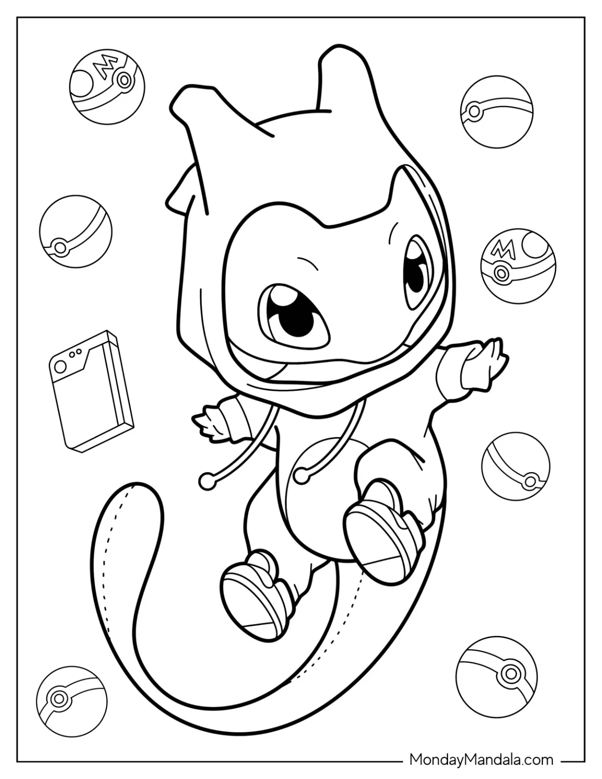 Cute Mew Coloring Page In Onesie With Hoodie For Kids coloring page