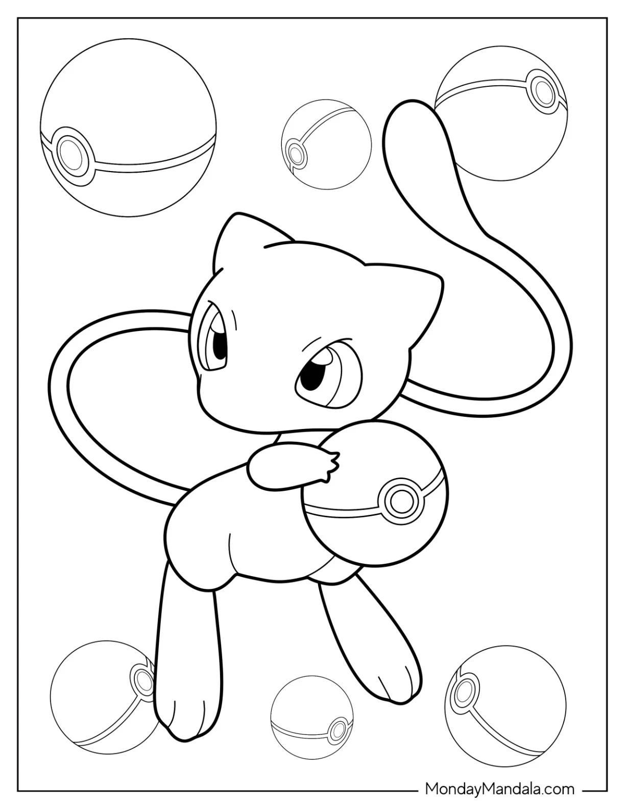 Easy Mew Coloring Page Holding Pokeball For Kids coloring page