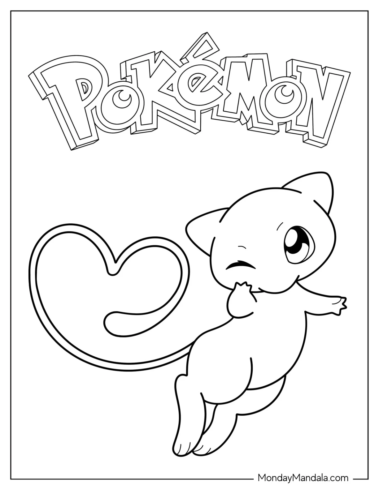 Kawaii Mew Coloring Page With Heart Shaped Tail For Preschoolers coloring page