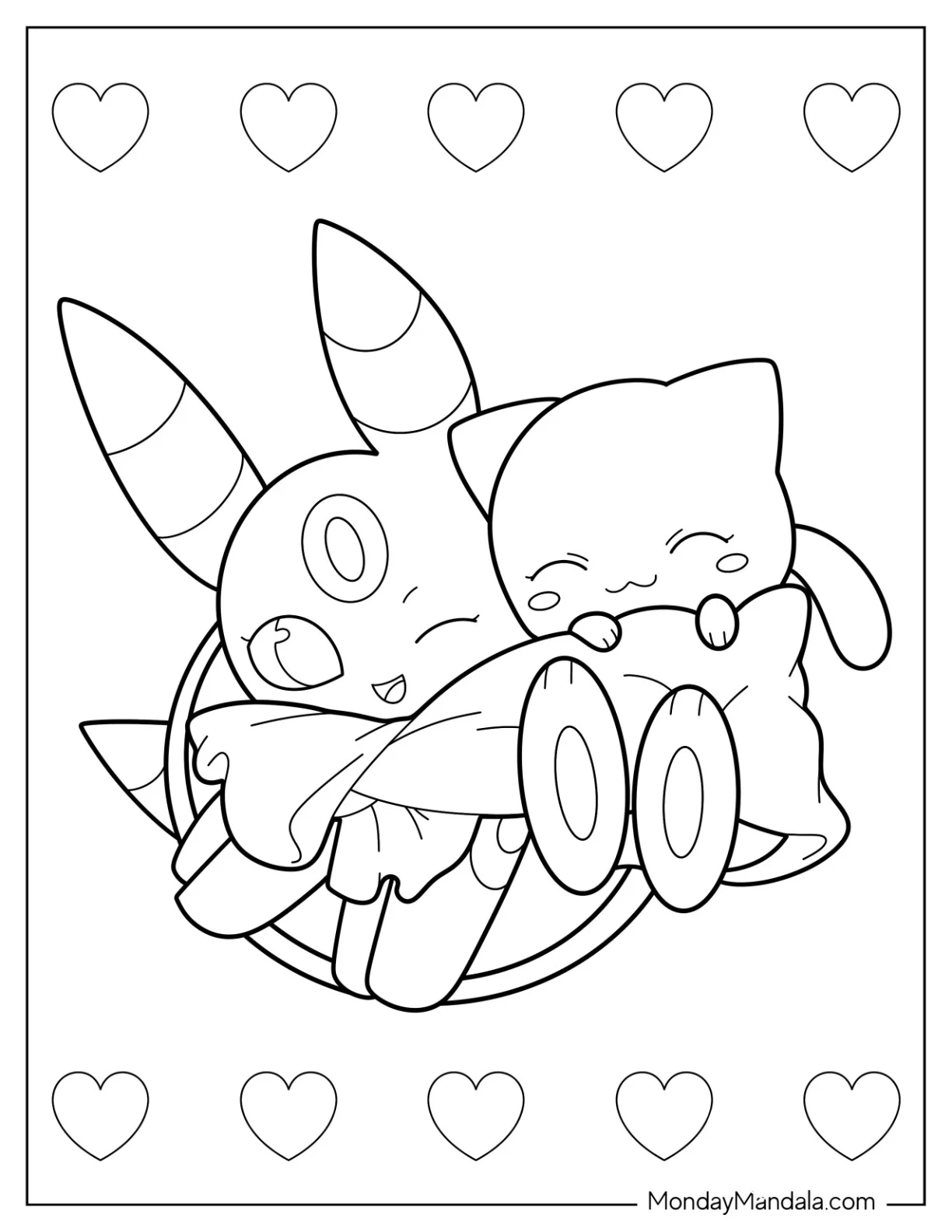 Kawaii Umbreon Hugging Mew Coloring Page For Kids coloring page
