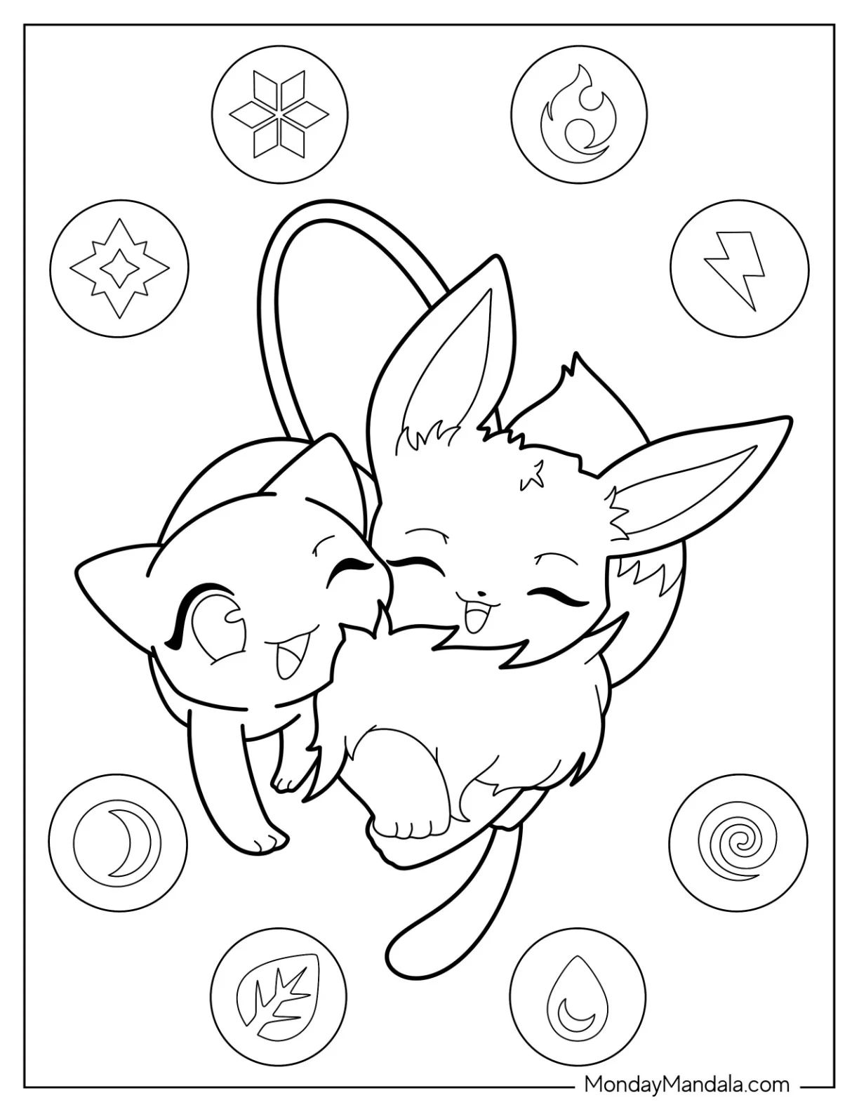 Mew Coloring Page Cuddling With Eevee coloring page