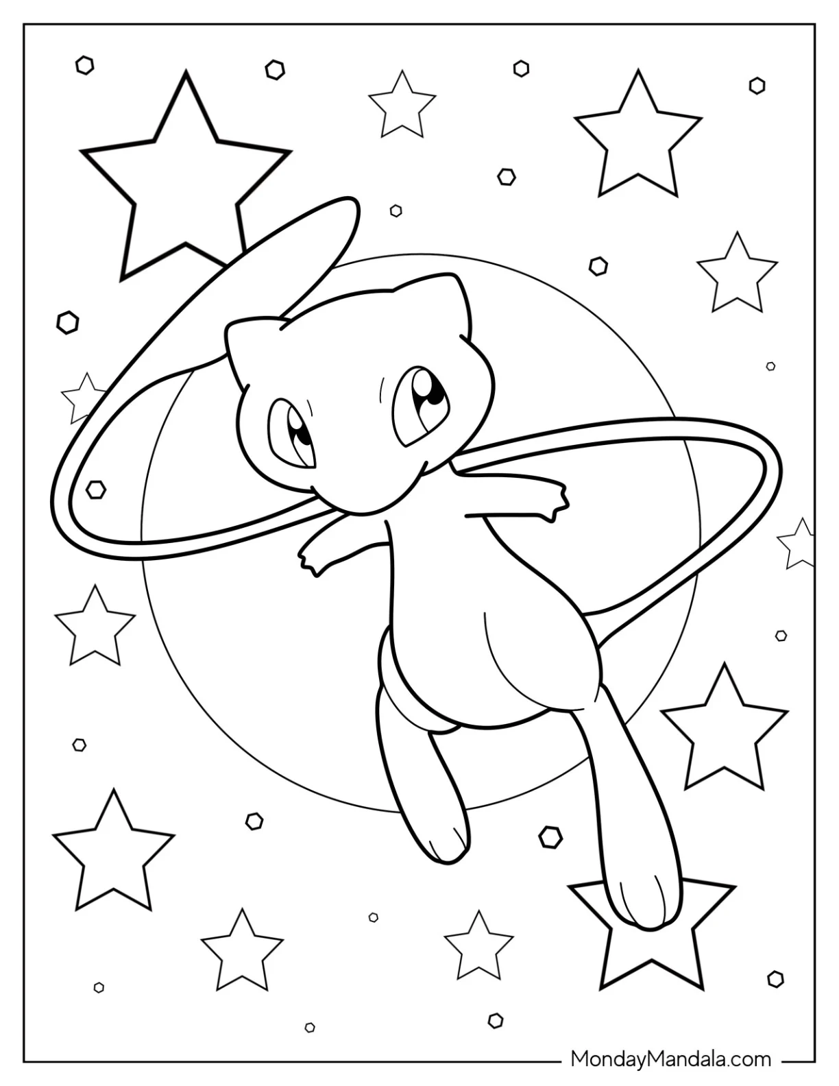 Mew Coloring Page Floating In The Sky With Stars coloring page