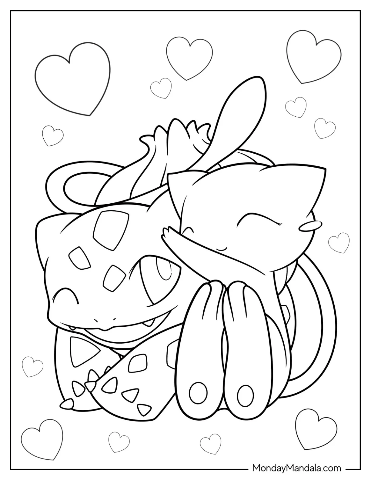 Mew Coloring Page Hugging Bulbasaur coloring page