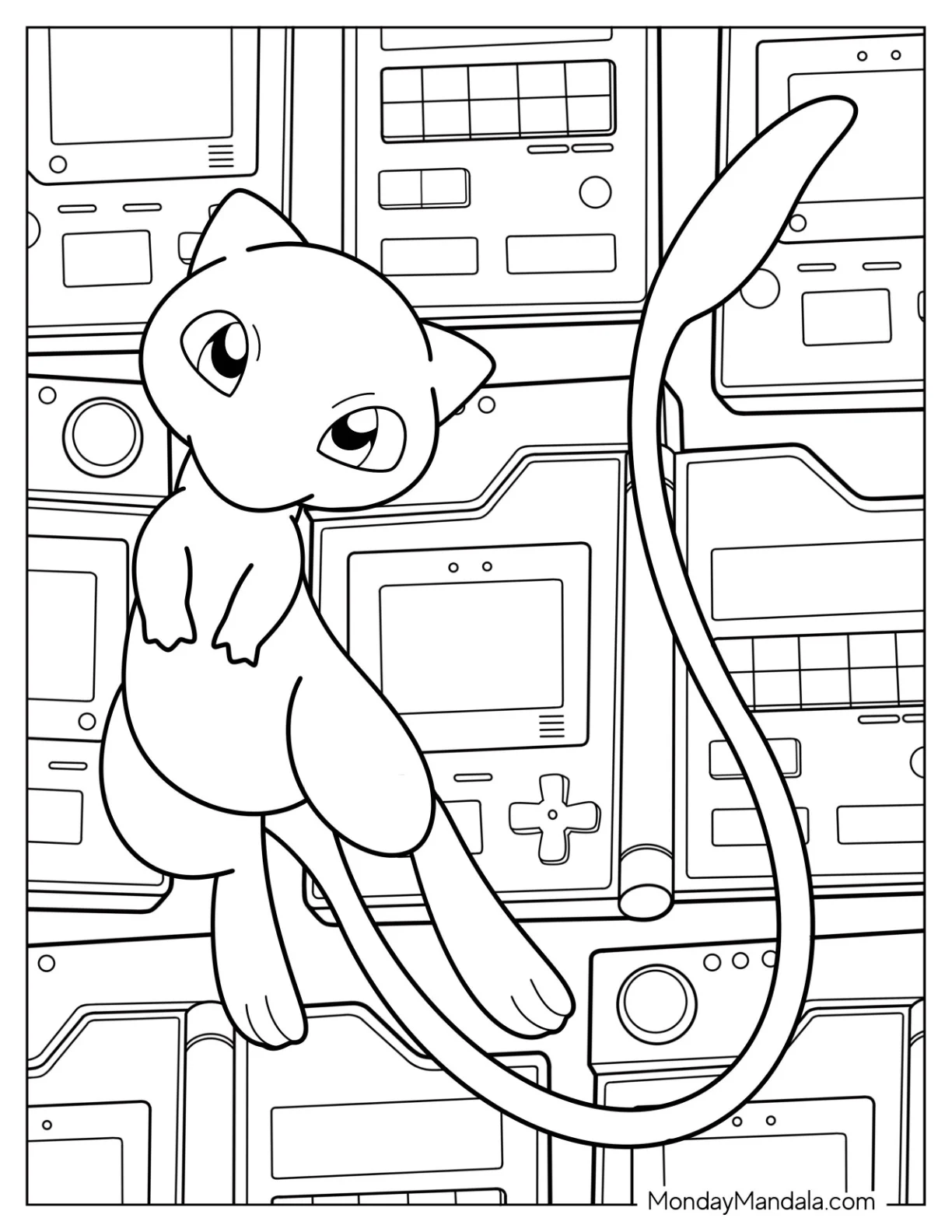 Mew Coloring Page Standing In Front Of Game Boy Console coloring page