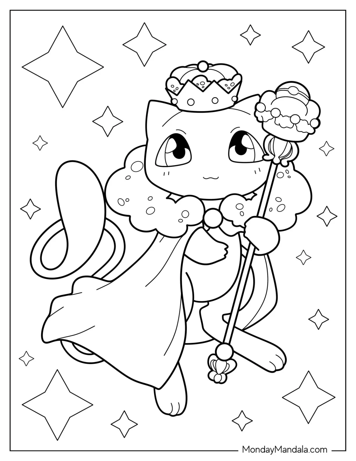 Mew Coloring Page With Crown, Robe, And Scepter For Kids coloring page