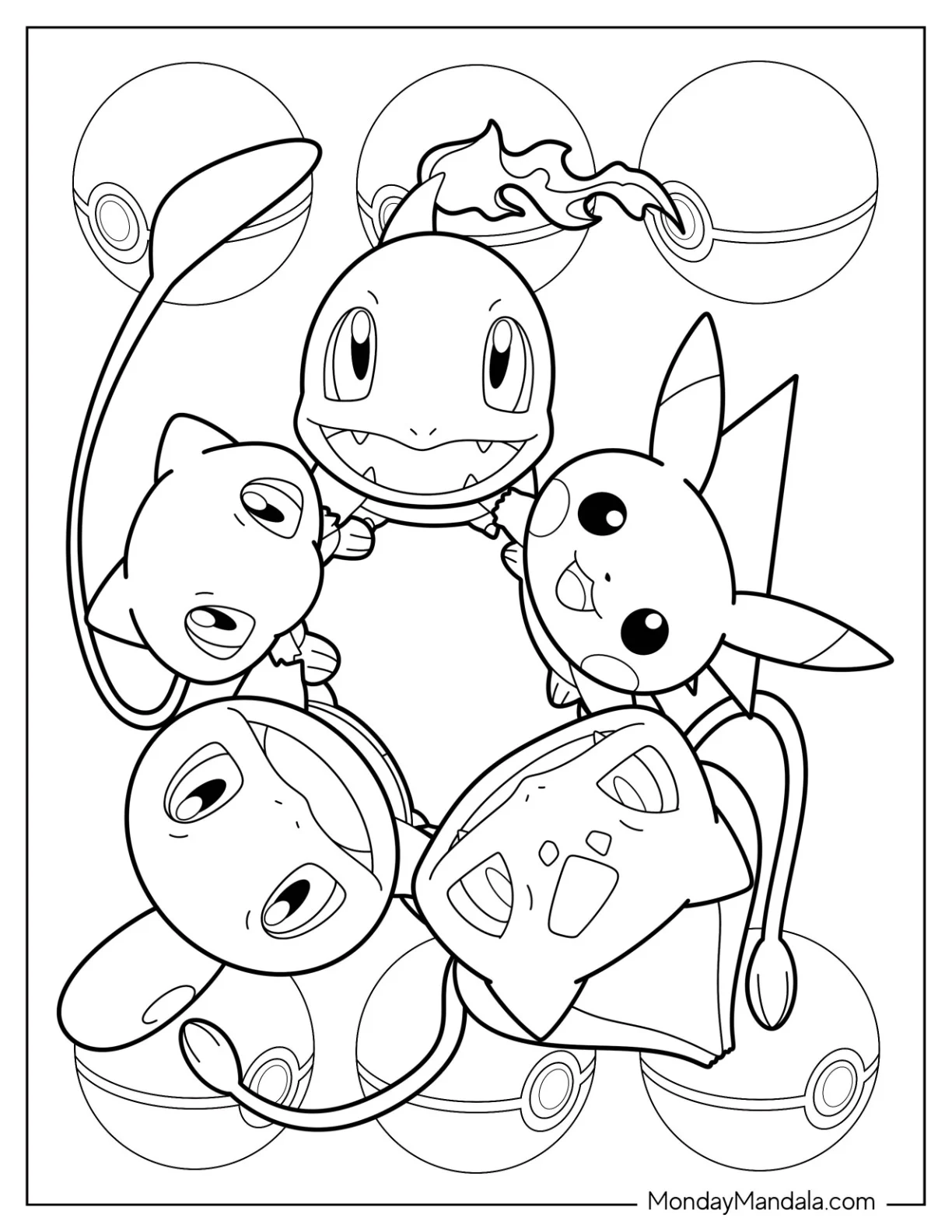 Pikachu, Charmander, Bulbasaur, Squirtle, And Mew Coloring Page In A Circle coloring page