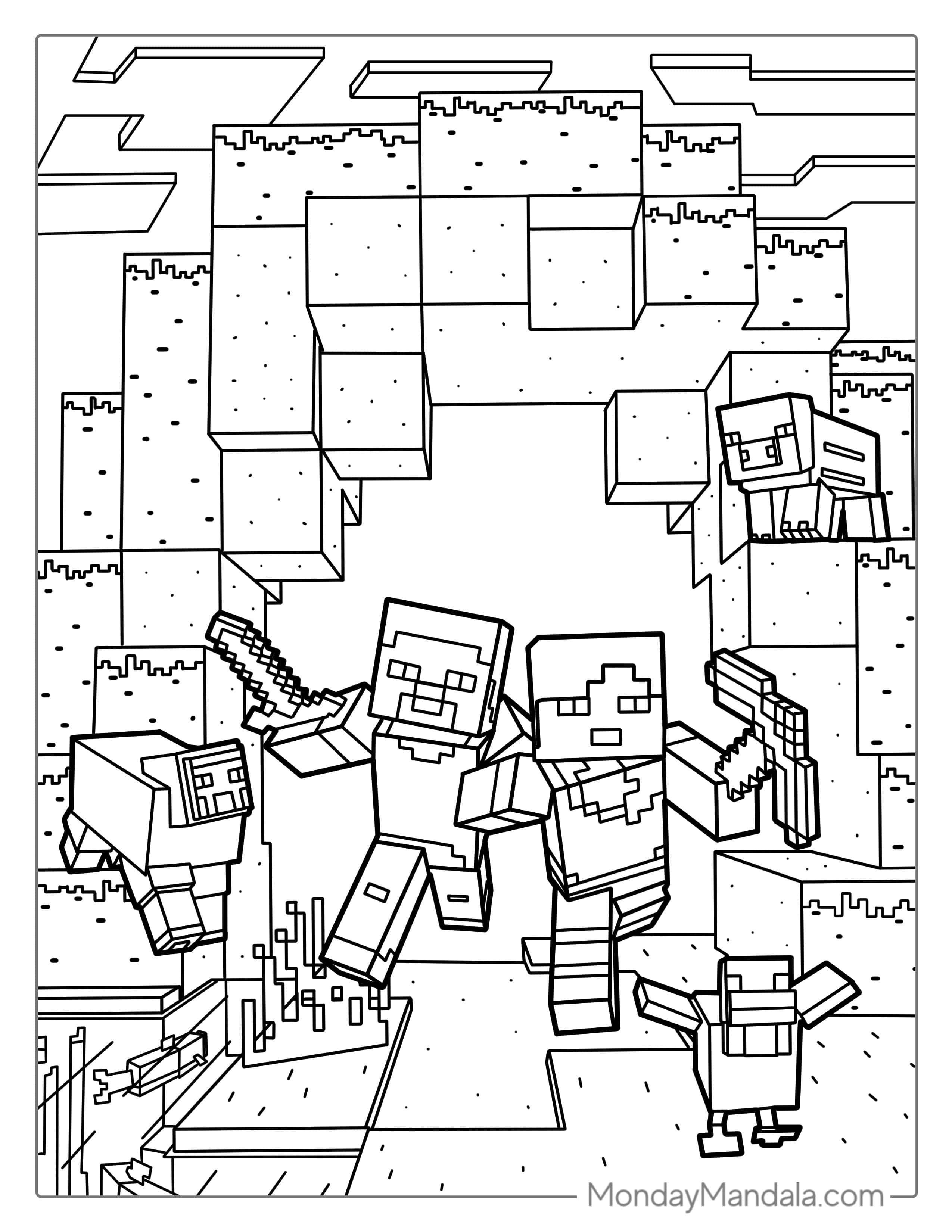 Alex And Steve Surrounded By Minecraft Blocks Coloring coloring page