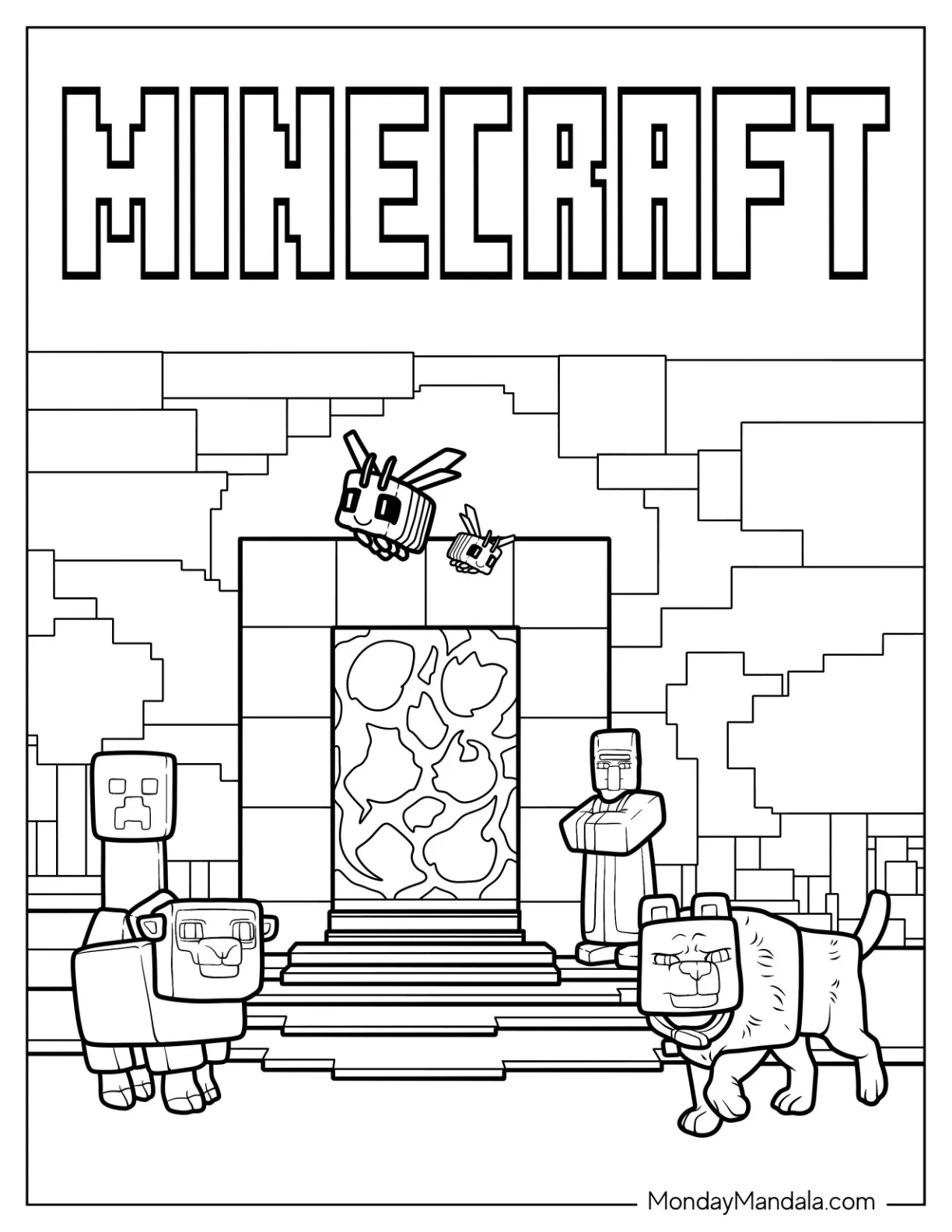 Detailed Minecraft Movie Coloring Page Bees, Sheep, Iron Golem, and Portal coloring page — printable line art