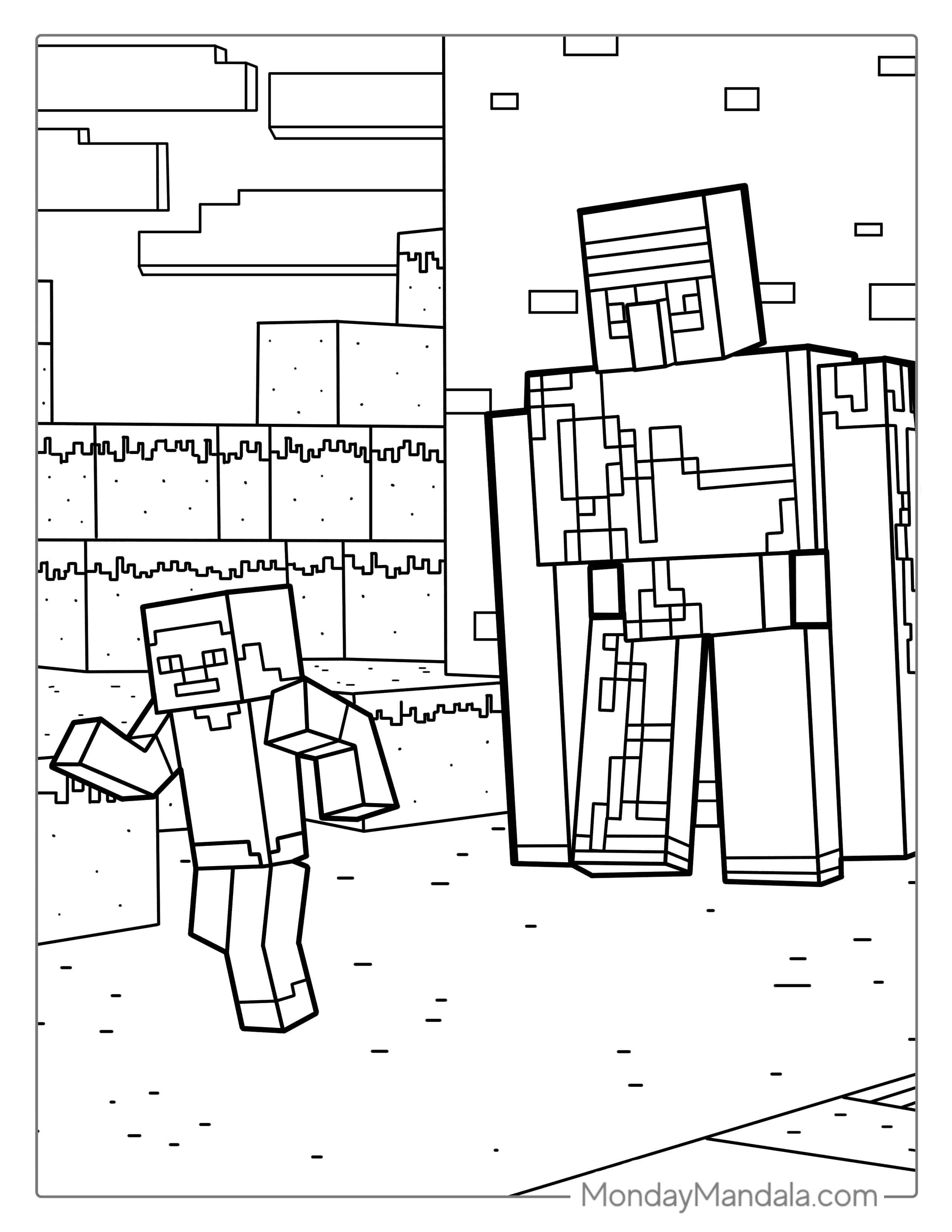 Iron Golem And Minecraft Steve Coloring Page coloring page — printable line art