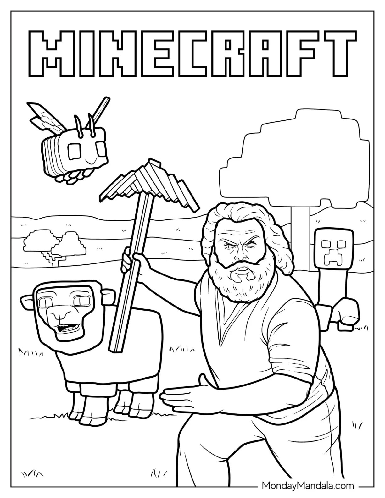 Jack Black As Minecraft Coloring Page Of Steve With Bee And Sheep coloring page — printable line art