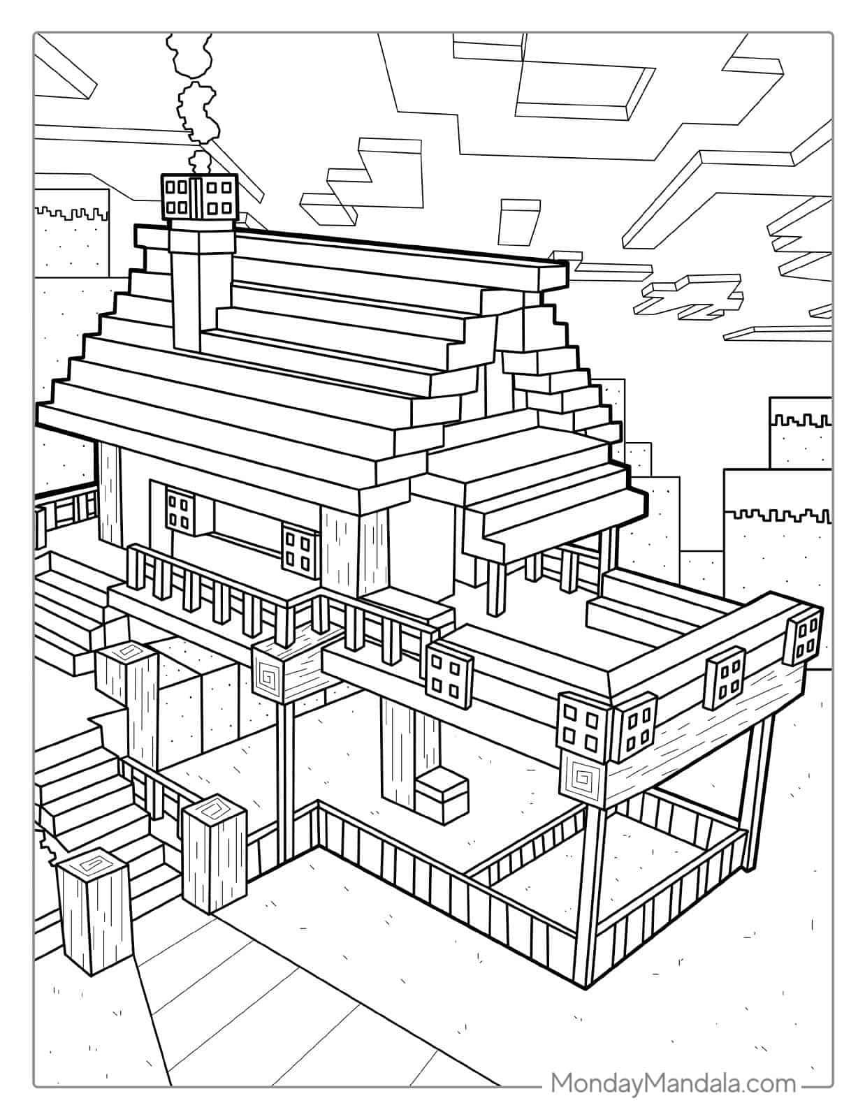 Minecraft Log Cabin House Coloring For Kids coloring page — printable line art