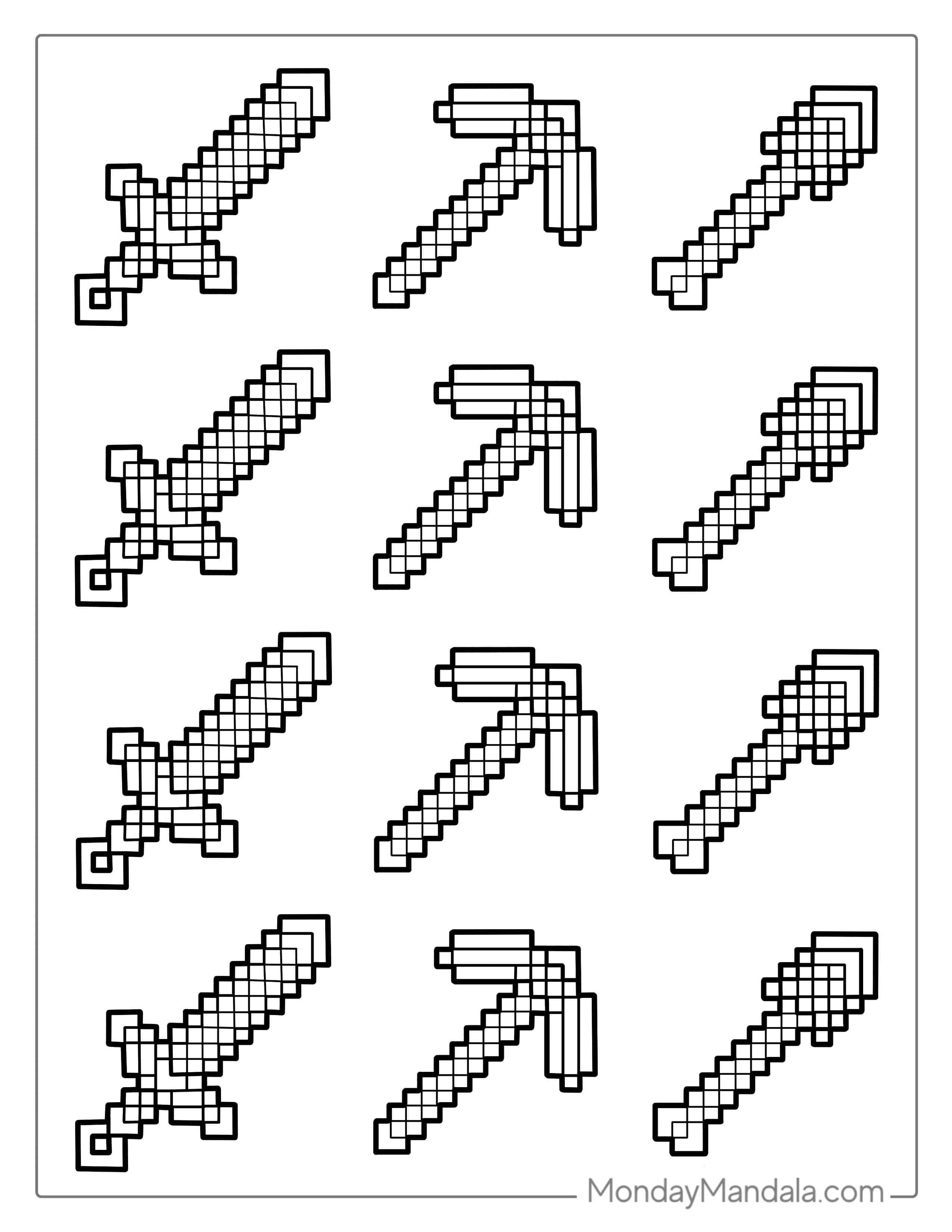 Minecraft Pickaxe, Sword, And Shovel Coloring Page coloring page