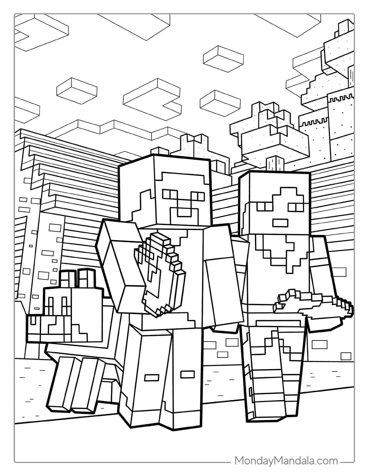 Minecraft Steve, Alex, And Wolf Coloring Page coloring page