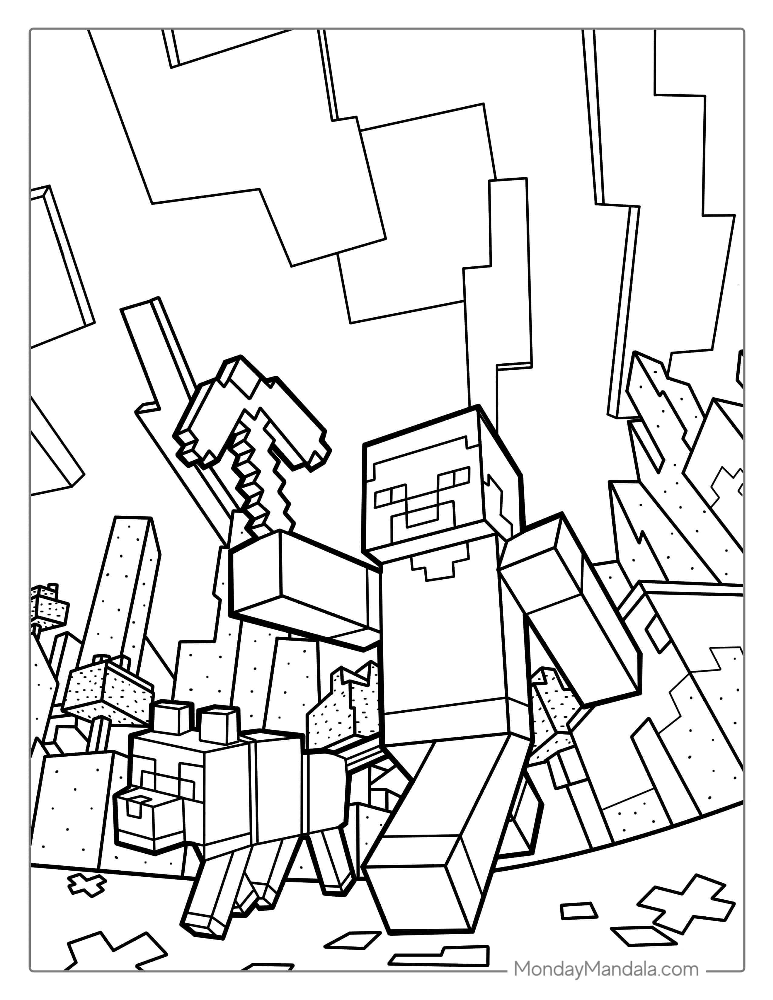 Minecraft Steve Holding Pickaxe Coloring coloring page — printable line art