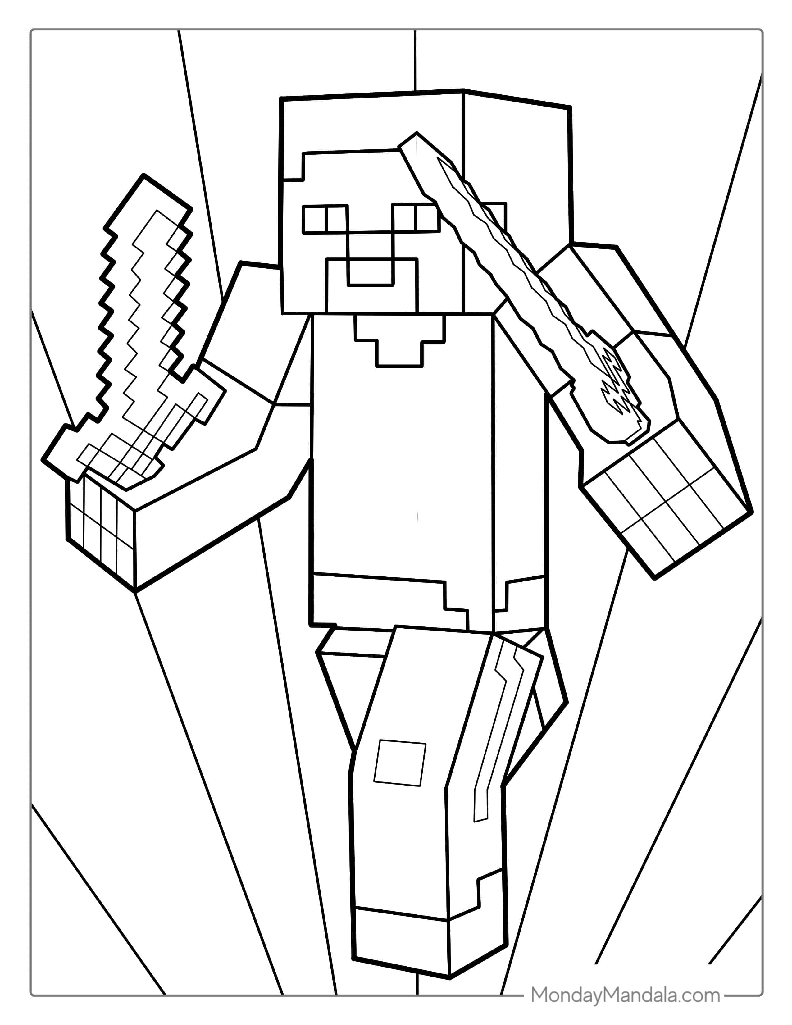 Minecraft Steve Holding Swords Coloring Sheet coloring page — printable line art