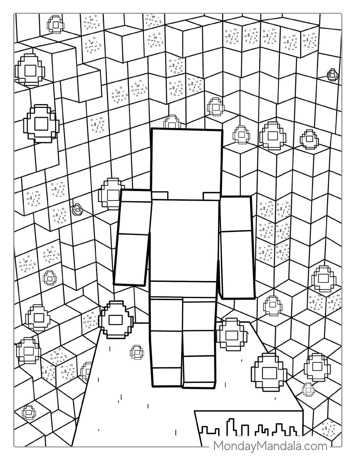 Minecraft Steve In Cave Of Diamonds Coloring Sheet coloring page — printable line art