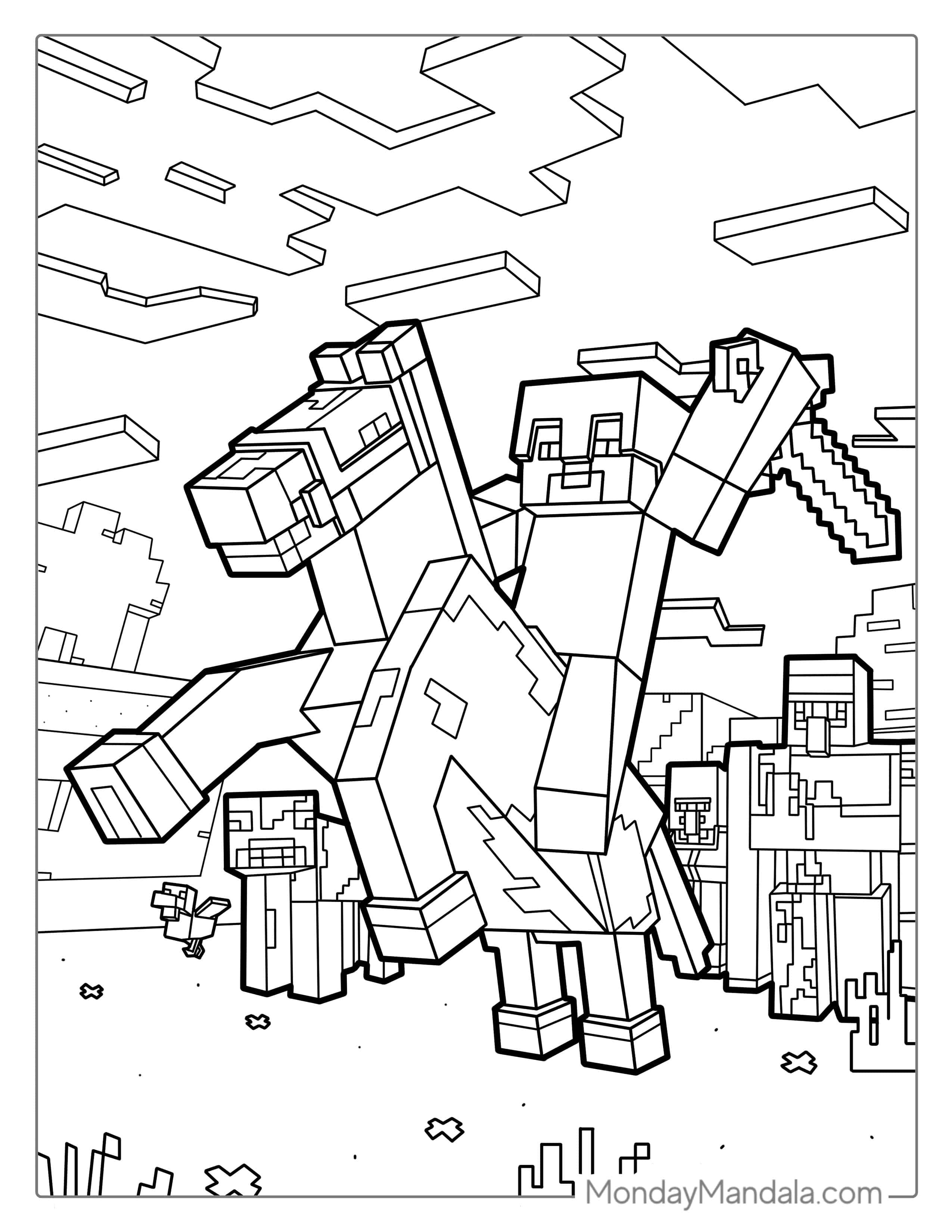 Minecraft Steve Riding Horse With Sword Coloring Page coloring page