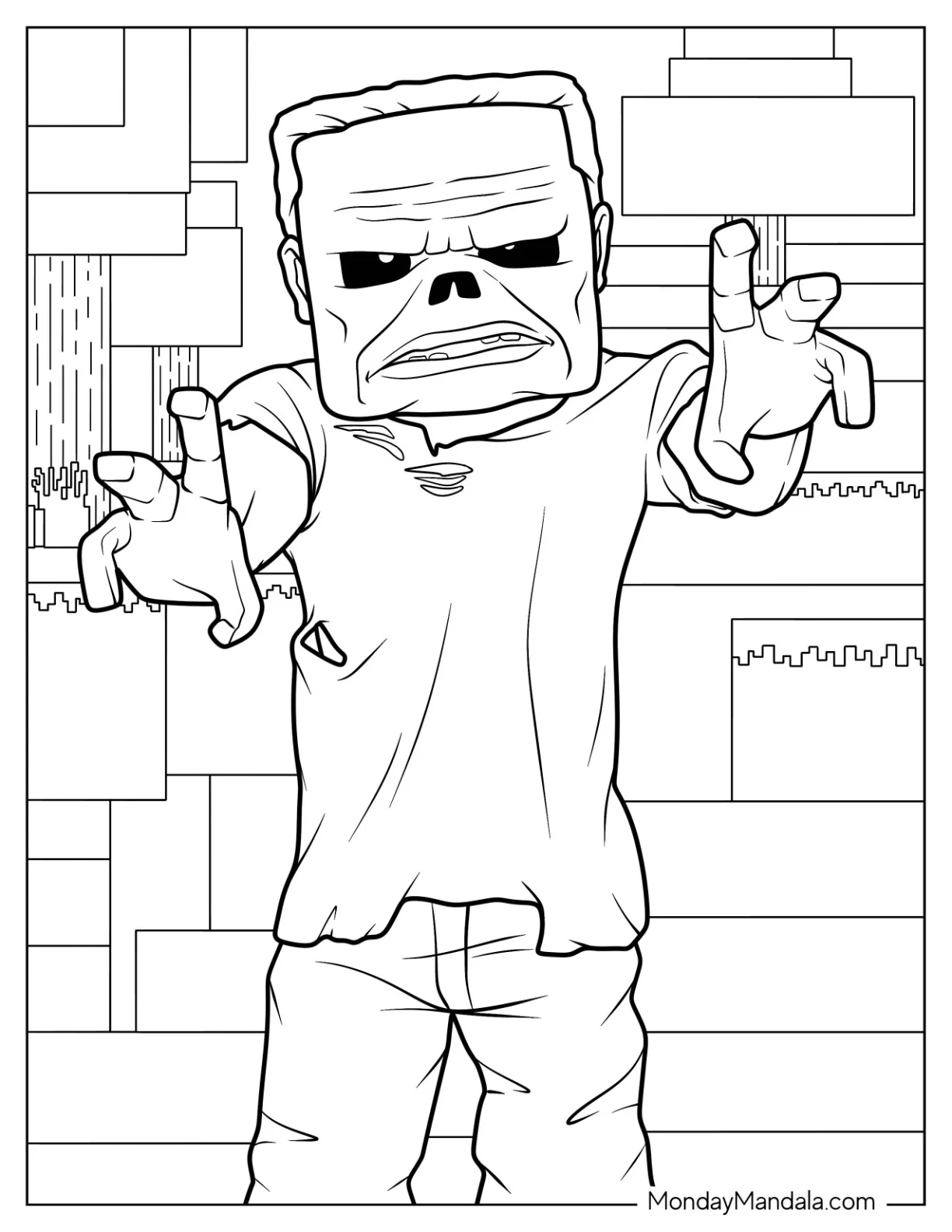 Scary Minecraft Movie Coloring Page Zombie Reaching Out For Kids coloring page