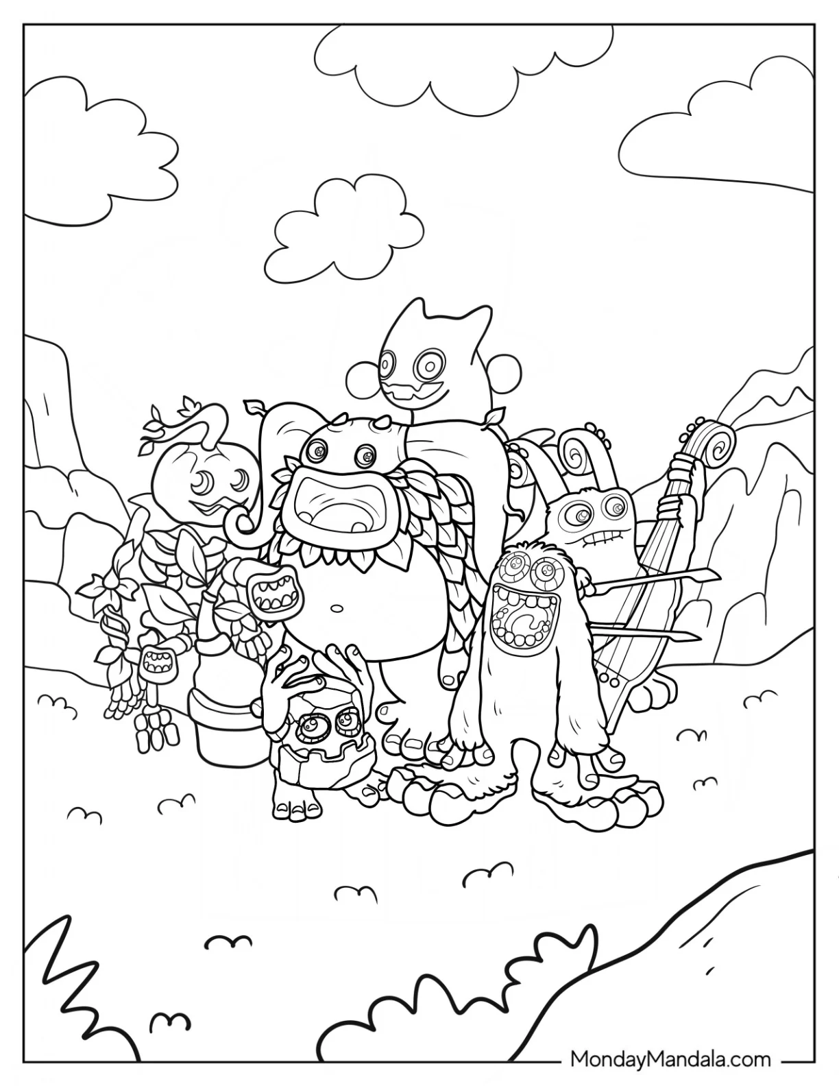 My Singing Monsters Coloring Page Of Mammott, Entbrat, Bowgart, Punkleton, Ghatz, Potbelly, And Noggin coloring page