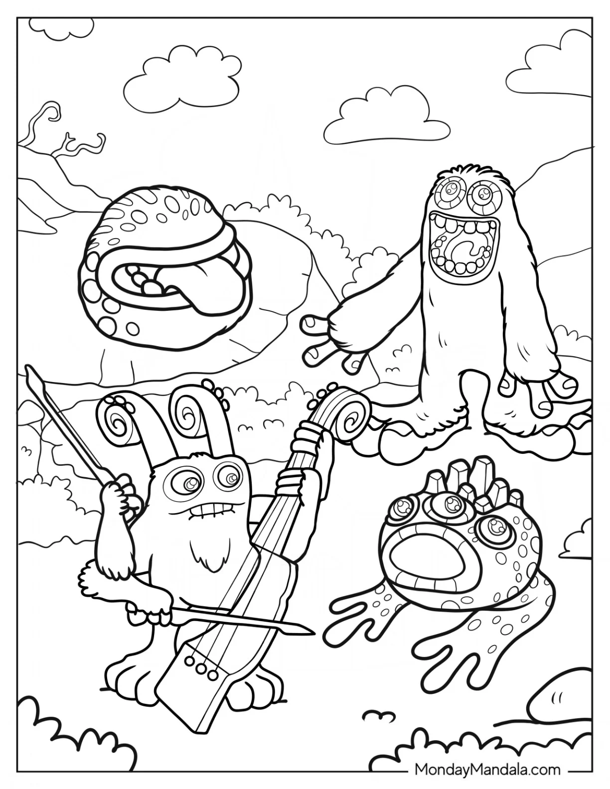 My Singing Monsters Coloring Page Of Mammott, Maw, Bowgart, And Fwog coloring page